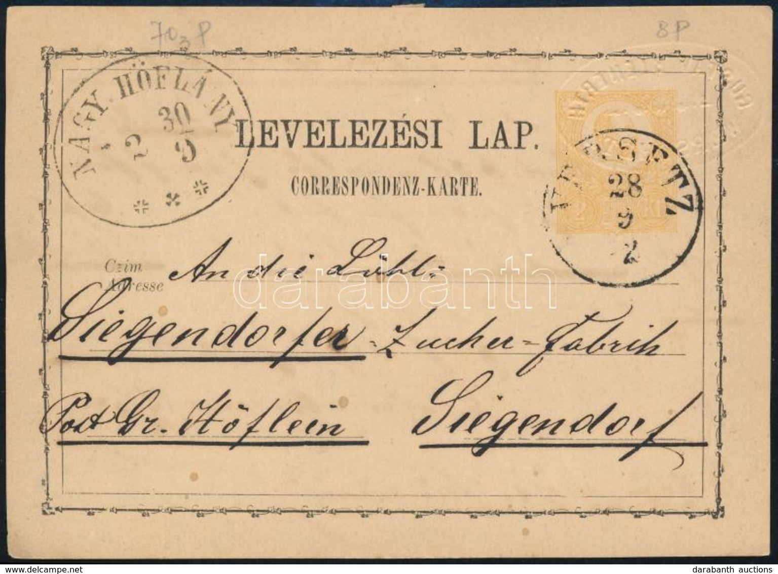 1872 2kr Díjjegyes Levelezőlap Benyomott Cégjelzéssel (a Perfin Előfutára) / PS-card 'VERSETZ' - Nagyhöflány - Autres & Non Classés