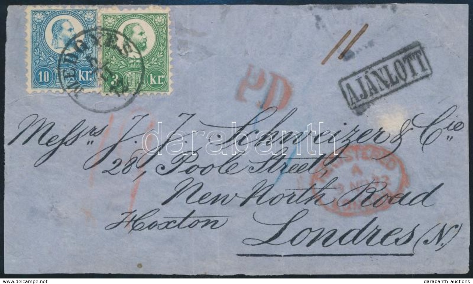 1872 Réznyomat 3kr + 10kr Ajánlott Levél Előlapon Londonba / 3kr + 10kr On Registered Cover Front To London 'MEDGYES' - Autres & Non Classés