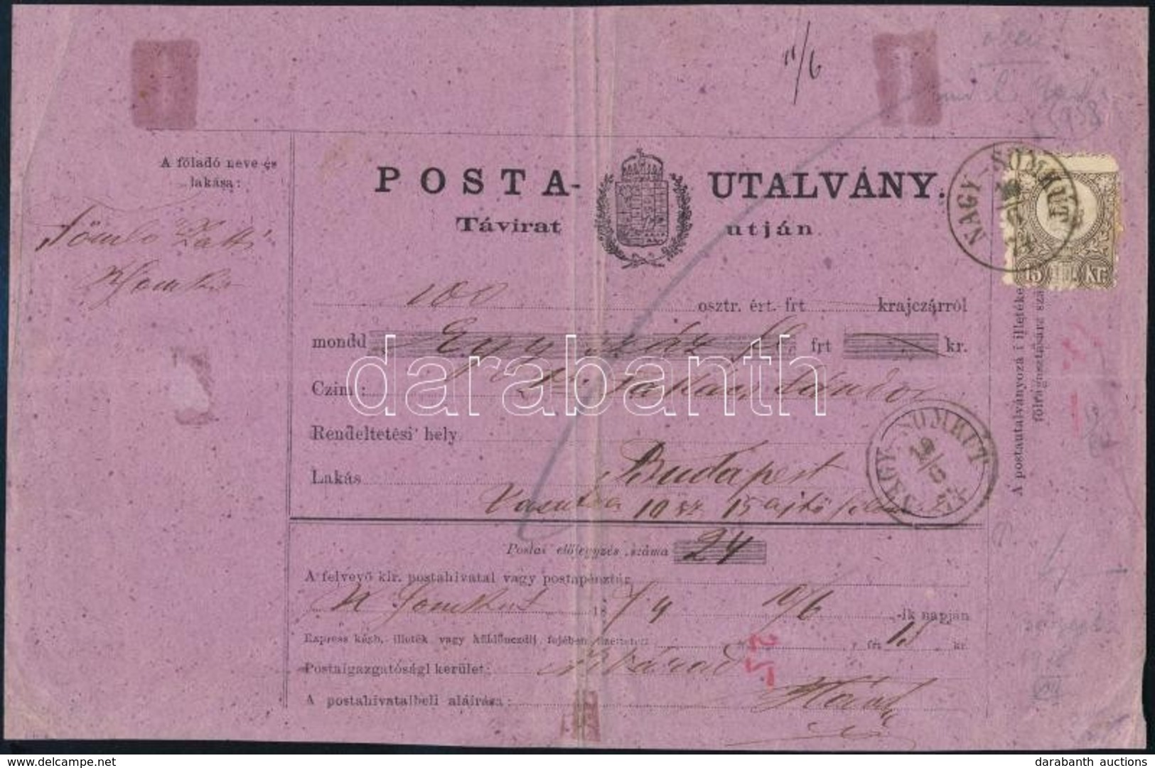 1874 Postautalvány Távirat útján Réznyomat 15kr Bérmentesítéssel / PS-telegramm Money Order With 15kr Franking 'NAGY-SOM - Autres & Non Classés