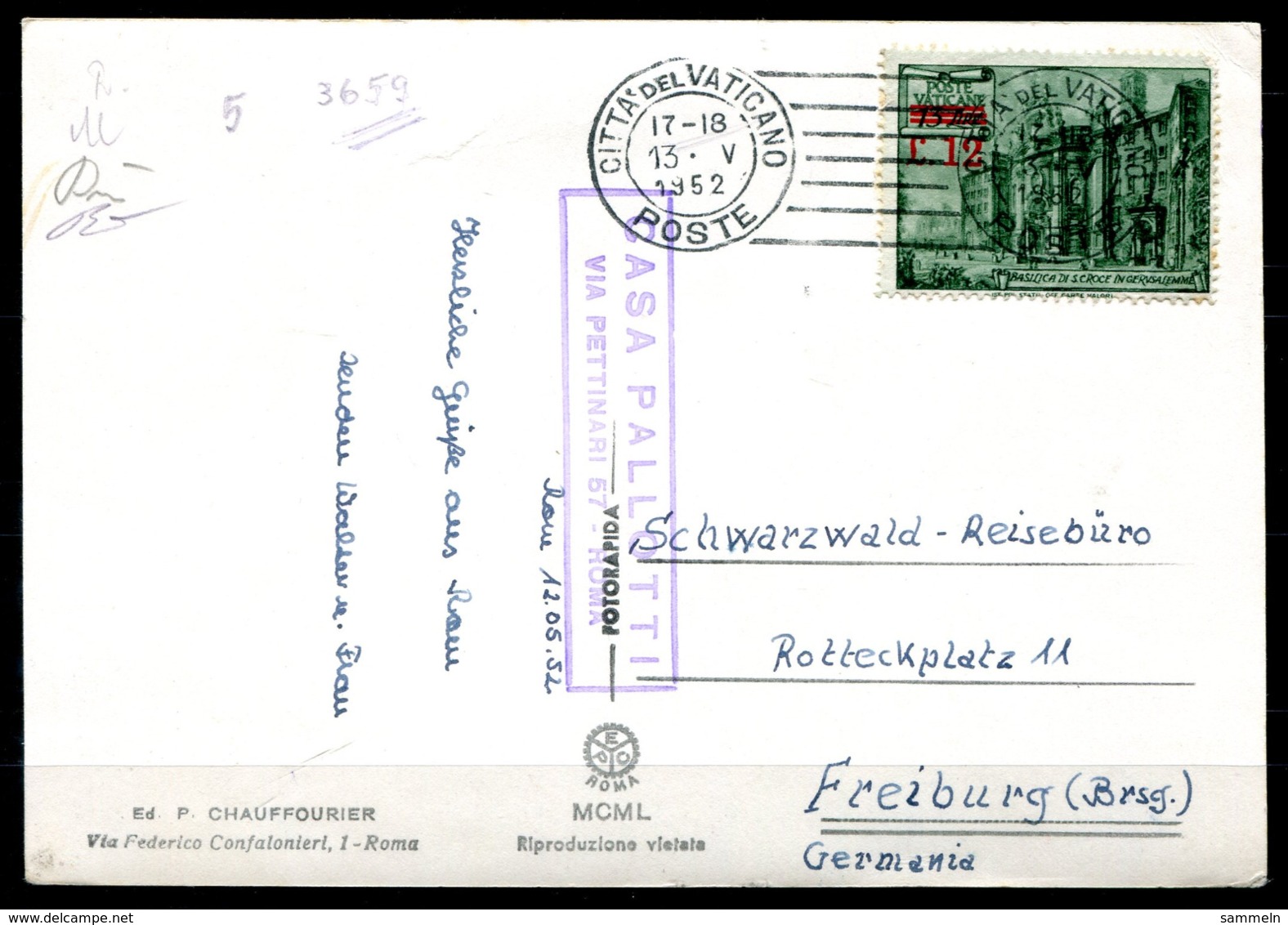 5210 - VATIKAN - Mi.187 Auf Postkarte Nach Freiburg (Breisgau) - Briefe U. Dokumente