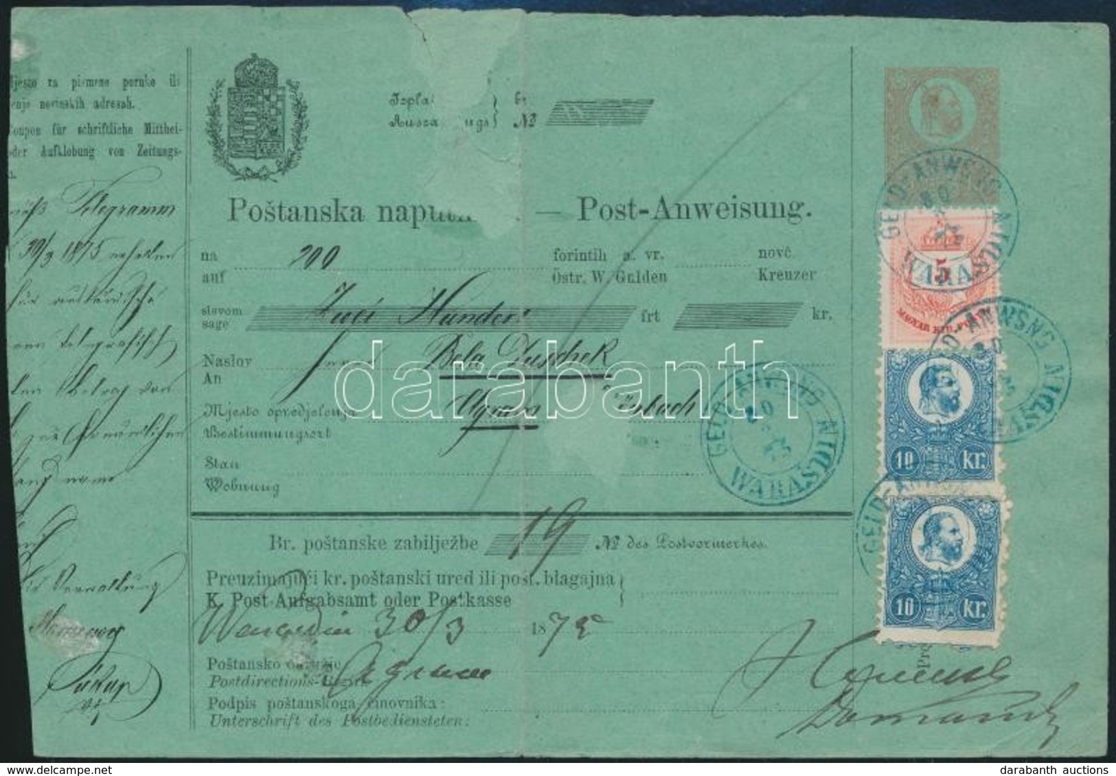 1875 5kr Díjjegyes Postautalvány 2 X 10kr Réznyomat és 1874-es 5kr Vegyes Kiegészítéssel / PS-money Order With 1871 2 X  - Sonstige & Ohne Zuordnung