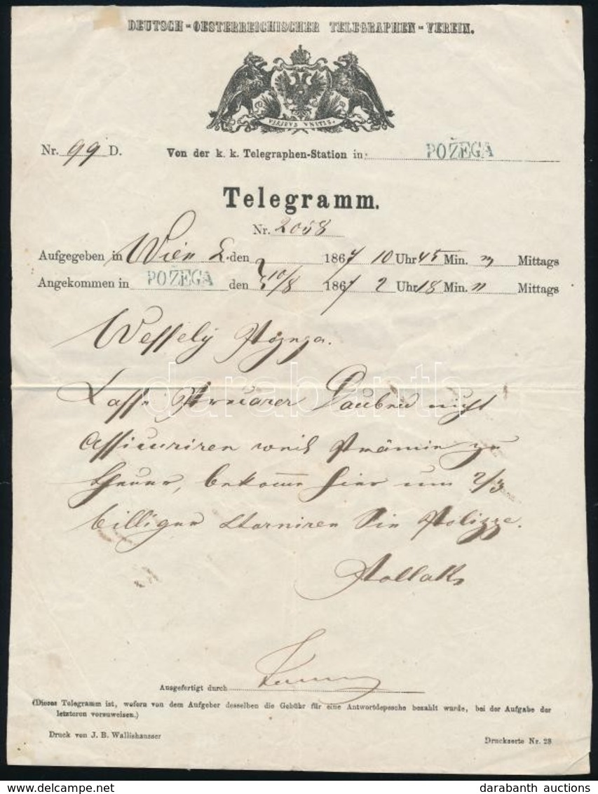 1867 Deutsch-Oesterreichischer Telegraphen Verein Távirat / Telegramm Wien - Kék/blue 'POZEGA' - Other & Unclassified