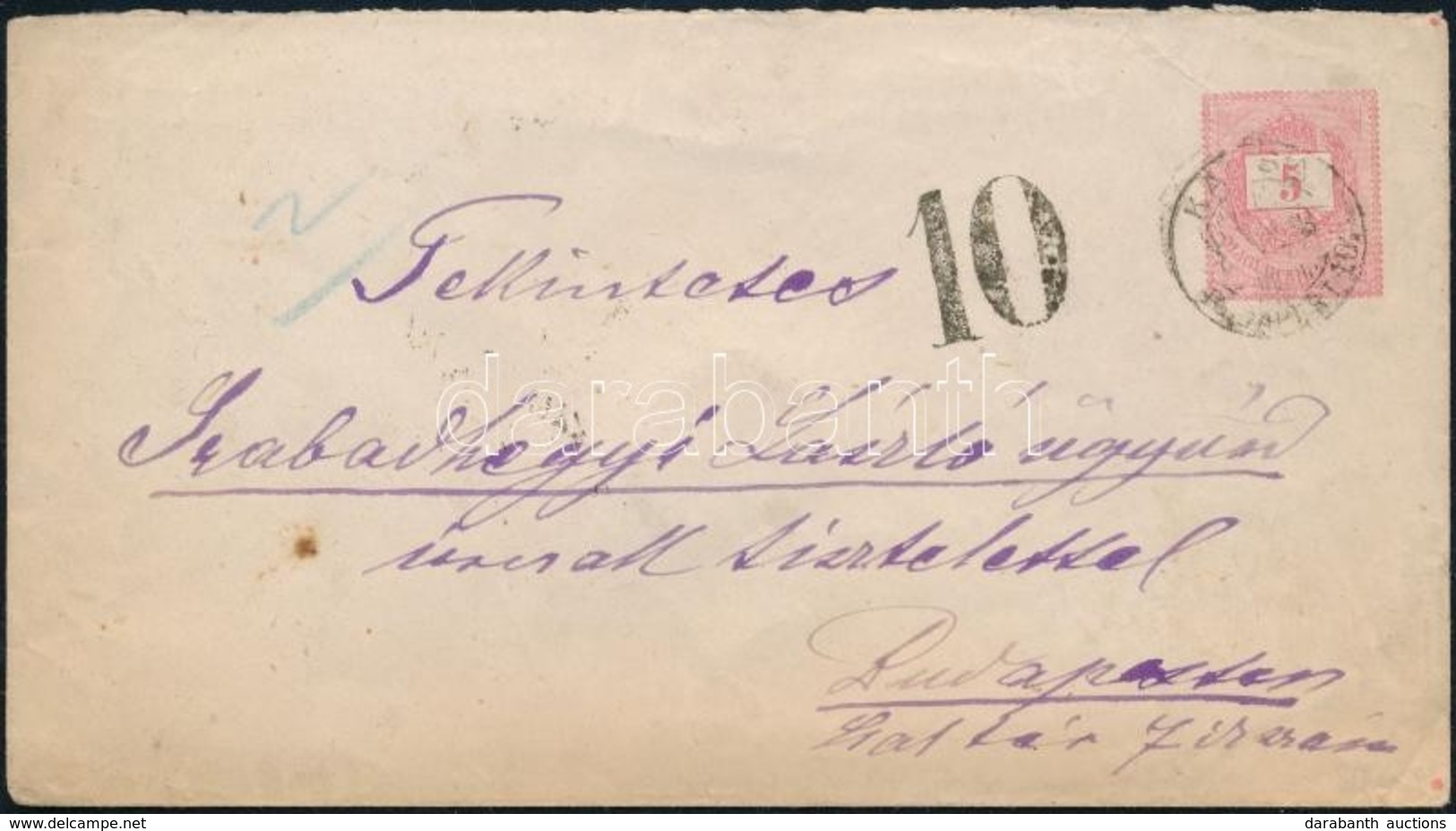 1878 5kr Díjjegyes Boríték KASSA-BUDAPEST Vasúti Mozgóposta Bélyegzéssel, 10kr Portóval / 5kr PS-cover With Railway Post - Autres & Non Classés