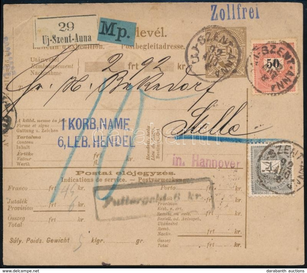 1892 Utánvétes Csomagszállító 51kr Bérmentesítéssell / COD Parcel Card 'ÚJ-SZENT-ANNA' - Stelle - Autres & Non Classés