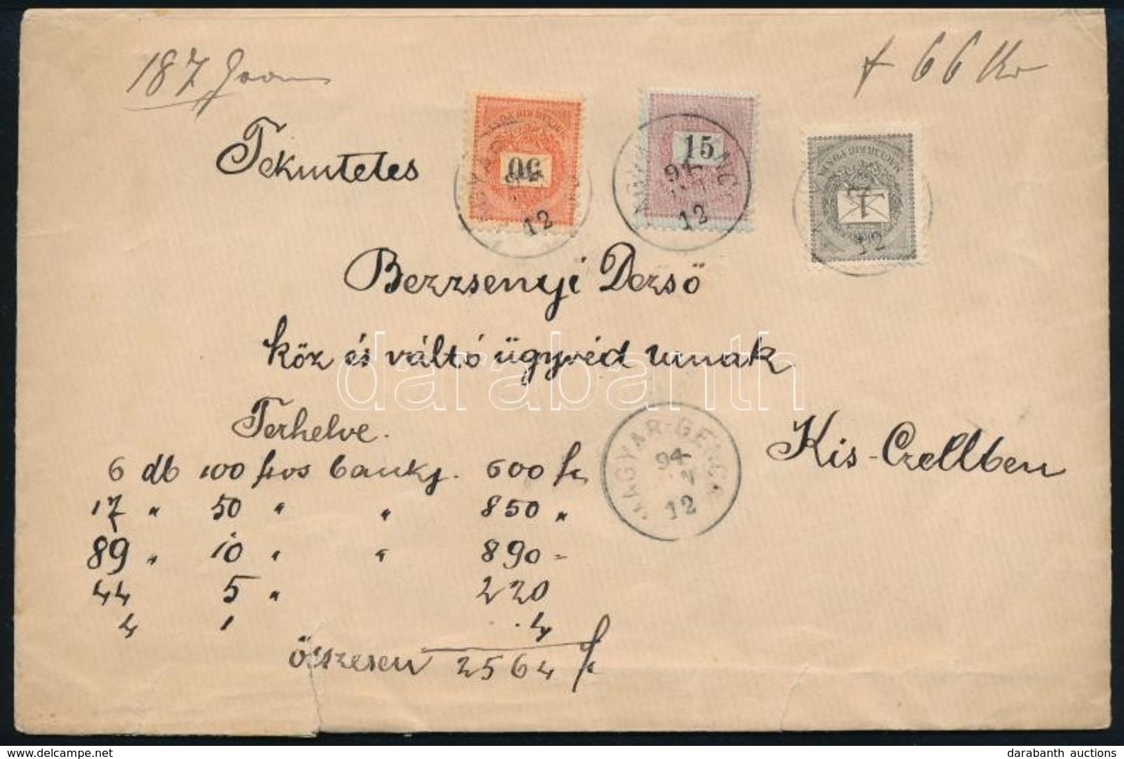 1894 Értéklevél 1kr + 15kr + 50kr Bérmentesítéssel / Mi 27 + Mi 34 + Mi 38 On Insured Cover 'MAGYAR-GENCS' - Kis-Czell - Altri & Non Classificati