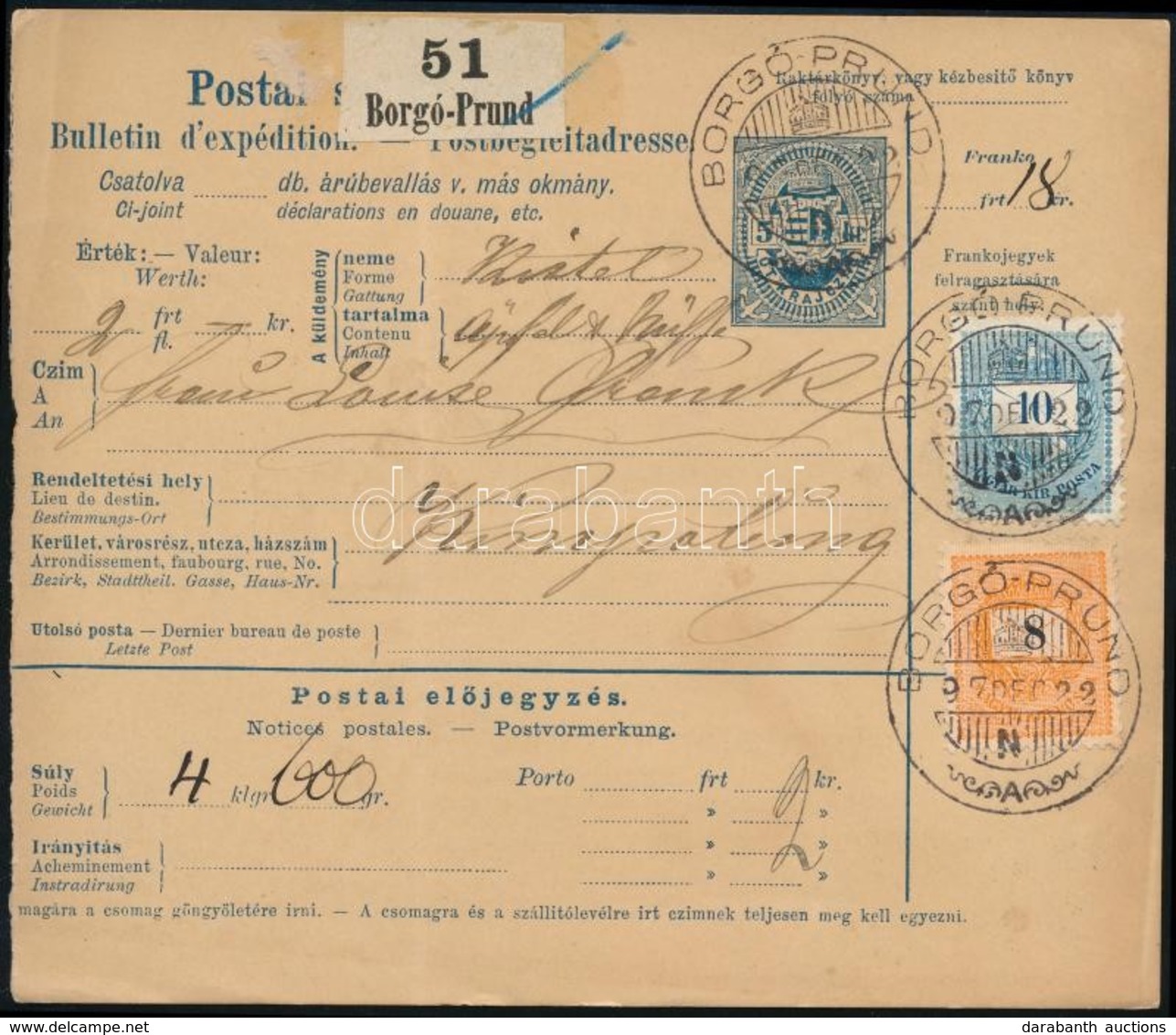 1897 Csomagszállító 18kr Bérmentesítéssel / Parcel Card 'BORGÓ-PRUND' - Kimpolung - Otros & Sin Clasificación