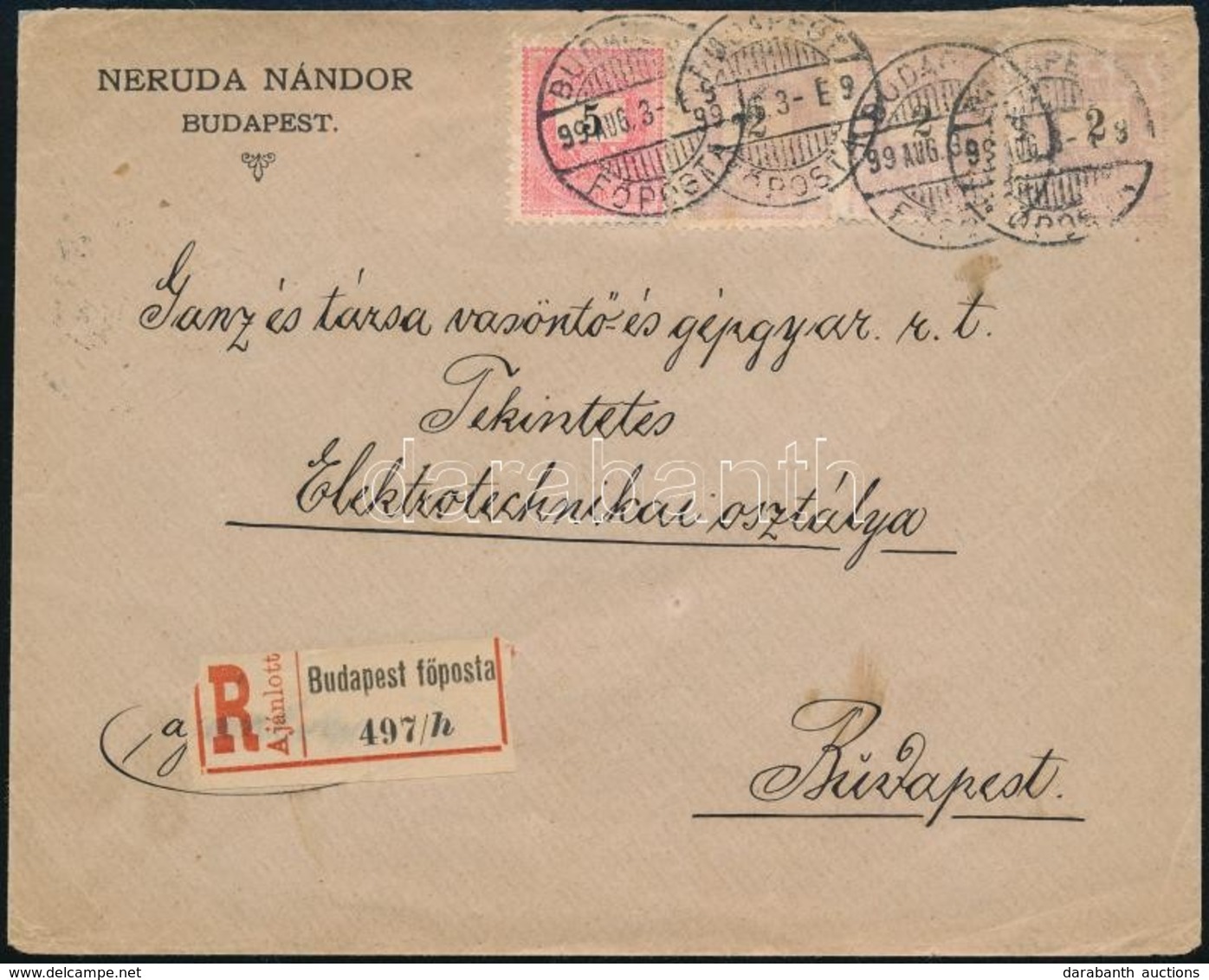 1899 Túlsúlyos Helyi Ajánlott Levél 3 X 2kr és 5kr Bérmentesítéssel / Overweight Registered Local Cover With 3 X 2kr + 5 - Autres & Non Classés