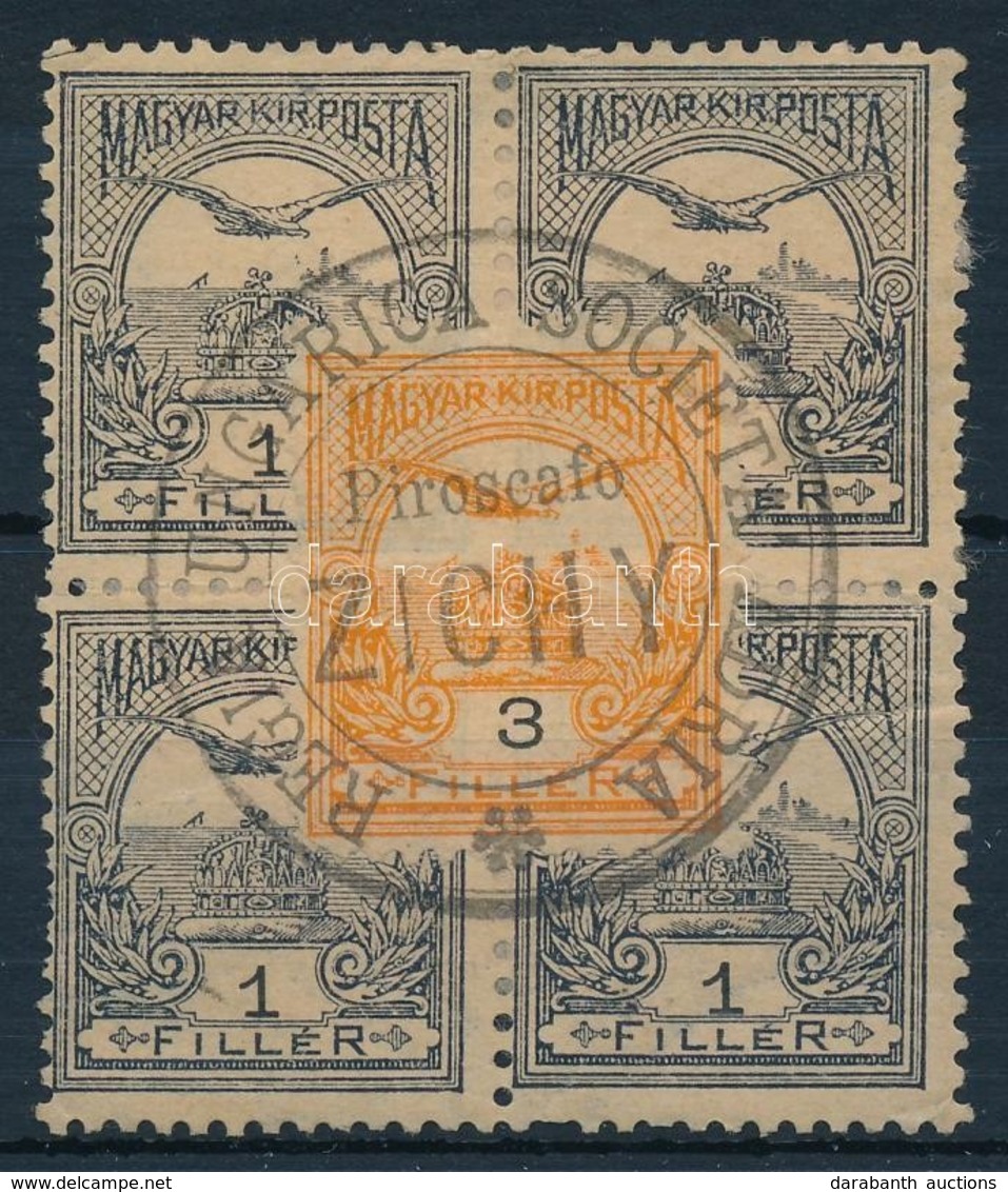O 1900 3f Turul 1f Négyestömbön 'REGIA UNGARICA SOCIETA ADRIA Piroscafo ZICHY' - Sonstige & Ohne Zuordnung
