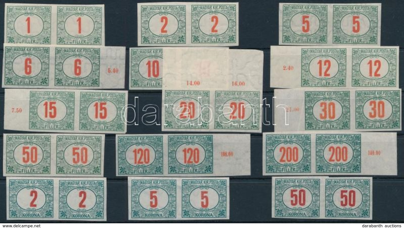 ** 1915 Pirosszámú Zöldportó Sor Vágott Párokban, 15 érték, Komplett / Postage Due Imperforate Pairs, 15 Values, Complet - Sonstige & Ohne Zuordnung