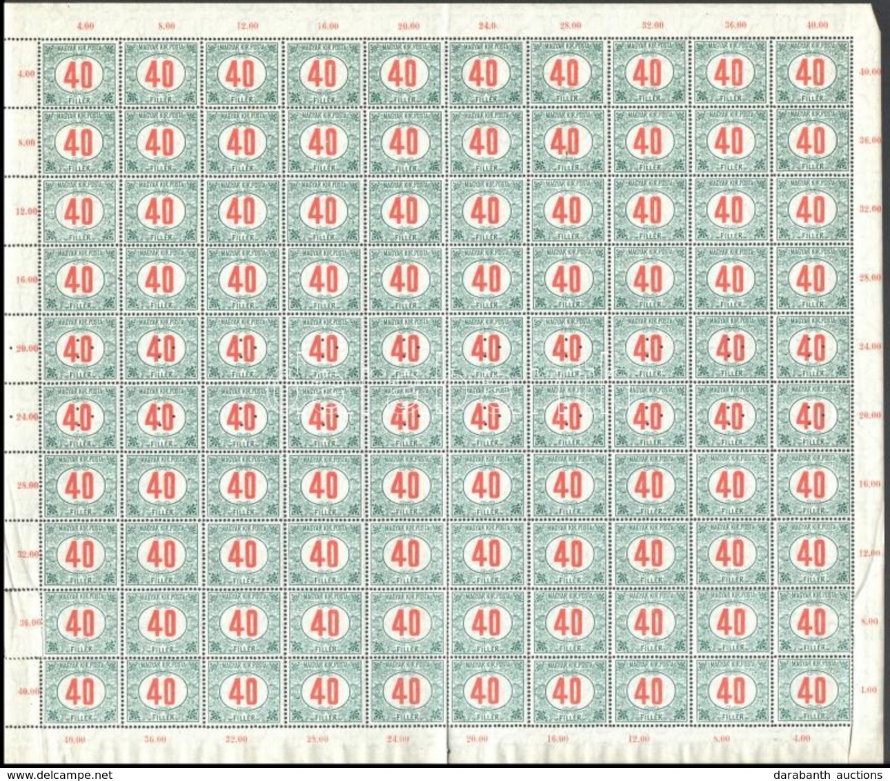 ** 1915 Portó 40f Hajtott Teljes ív, Benne 20 Db Hármaslyukasztás / Mi Postage Due 64 Complete Folded Sheet, With 20 Per - Autres & Non Classés