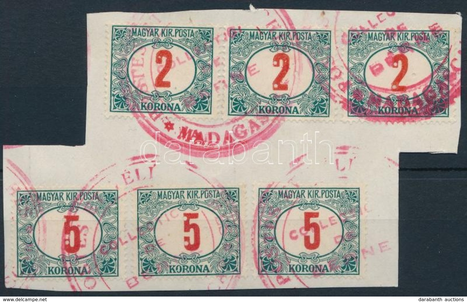 1915 Pirosszámú Zöldportó 2K és 5K Hármascsíkok, Minták A Madagaszkári Posta Archivumából / Mi 79 + 80 Stripes Of 3, Spe - Autres & Non Classés