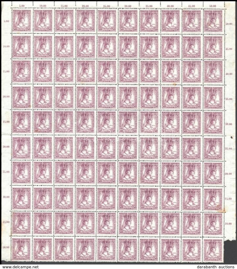 ** 1918 Zita 50f Hajtott Teljes ív 2 Ismert Lemezhibával / Mi 218 Folded Complete Sheet With Plate Varieties - Altri & Non Classificati