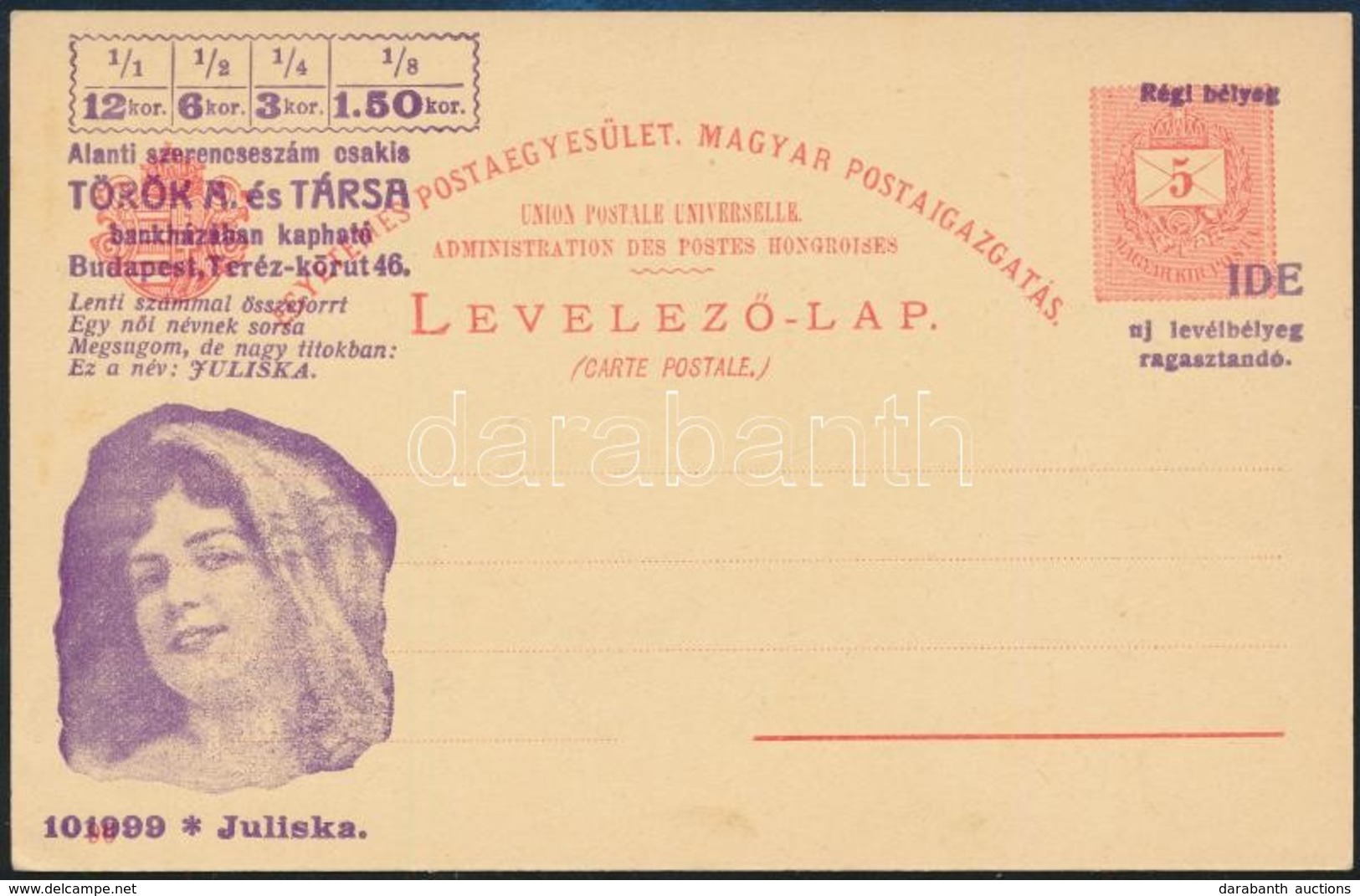 1900 Török Bankház Felülnyomású Használatlan Milleniumi 5kr Díjjegyes Képes Levelezőlap 'JULISKA' / Millenium Of Hungary - Sonstige & Ohne Zuordnung