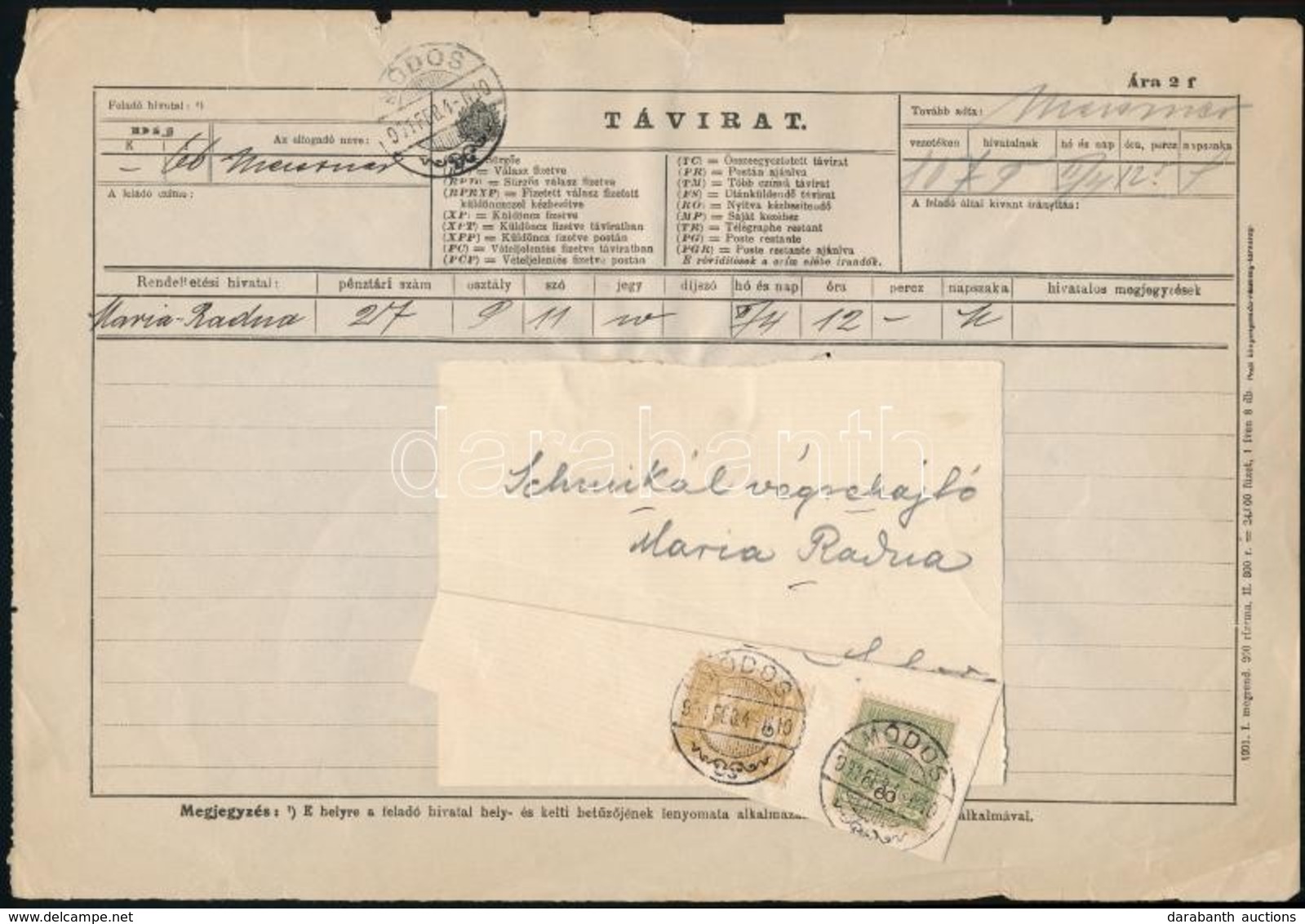 1901 Távirat 6f és 60f Bérmentesítéssel / Telegram 'MÓDOS' - Maria Radna - Sonstige & Ohne Zuordnung