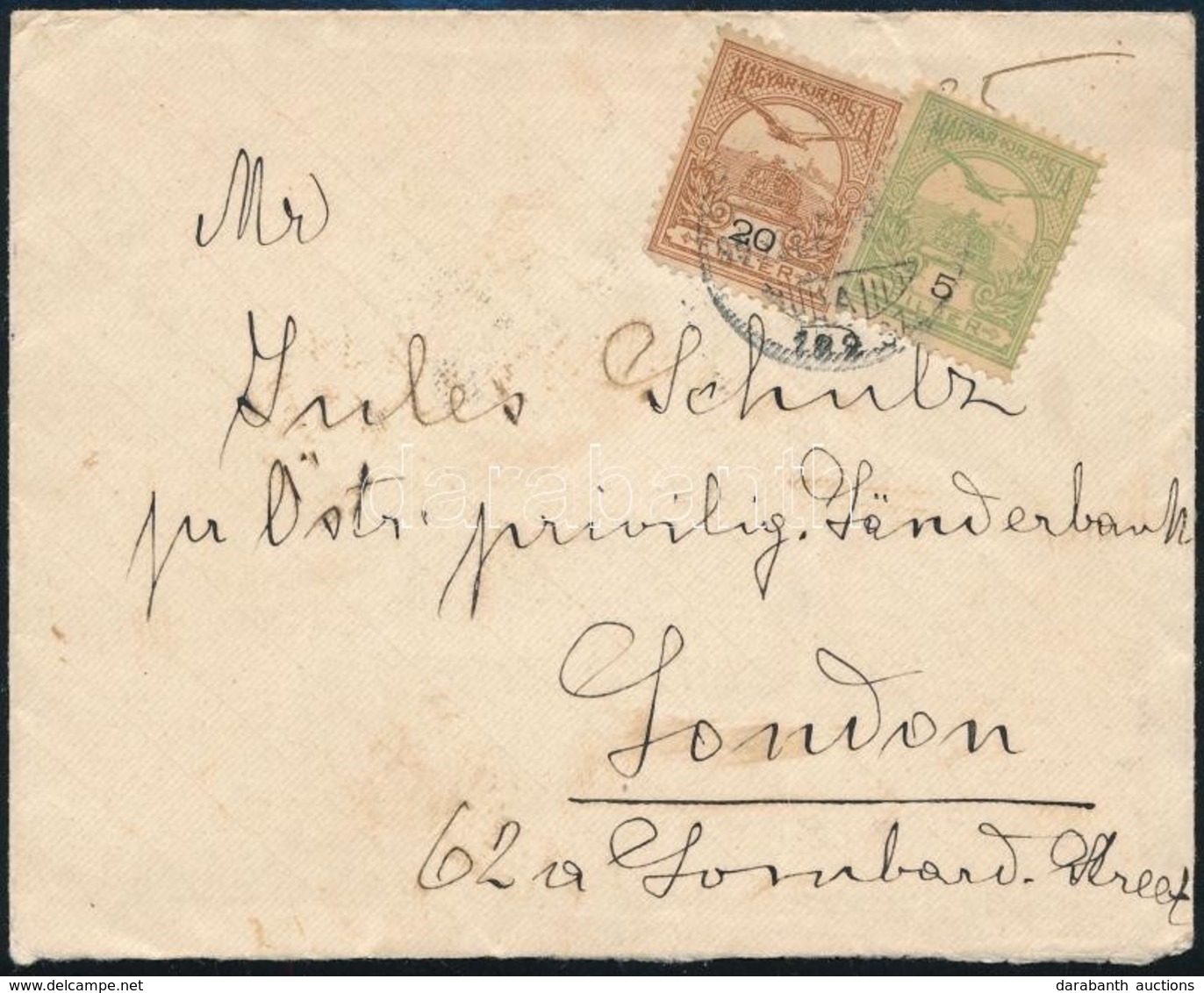 1905 Levél Turul 5f és 20f Bérmentesítéssel Londonba / Cover To London - Sonstige & Ohne Zuordnung