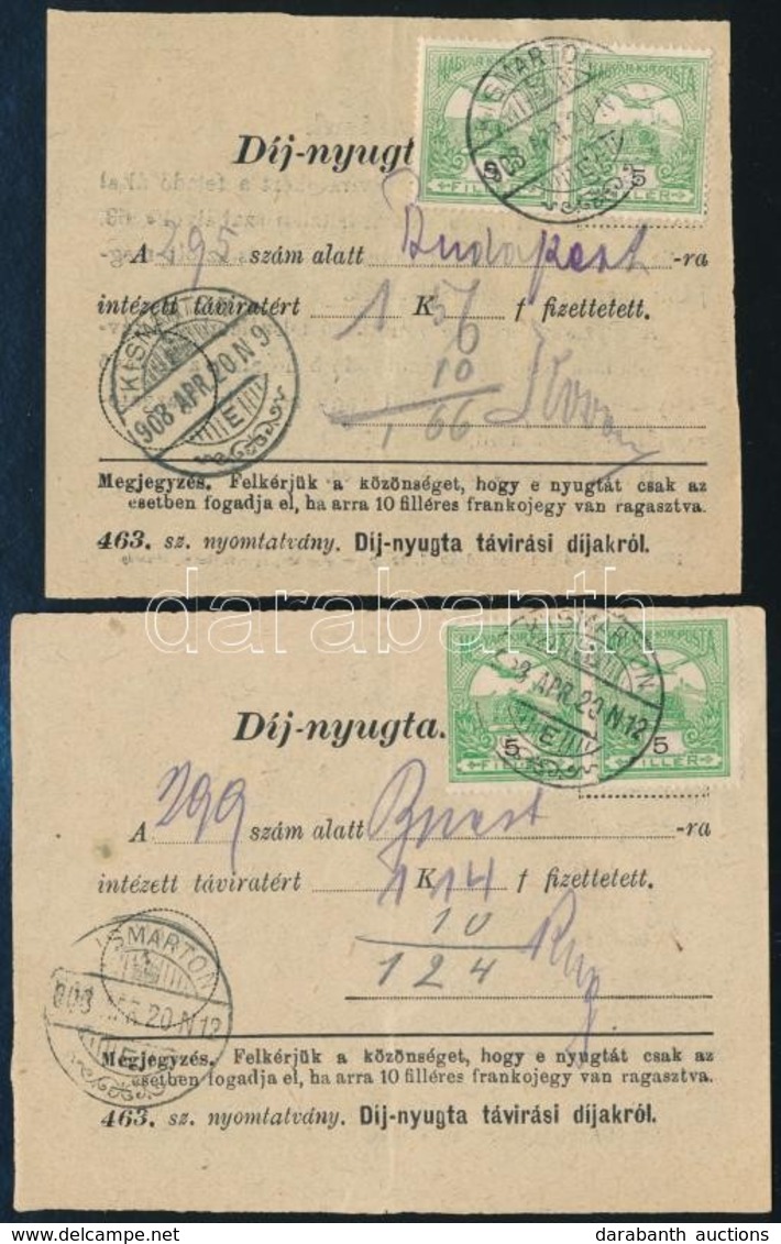 1908 2 Db Távirati Díjnyugta Turul 2 X 5f Bélyegekkel / 2 Telegramm Fee Receipts 'KISMARTON' - Sonstige & Ohne Zuordnung