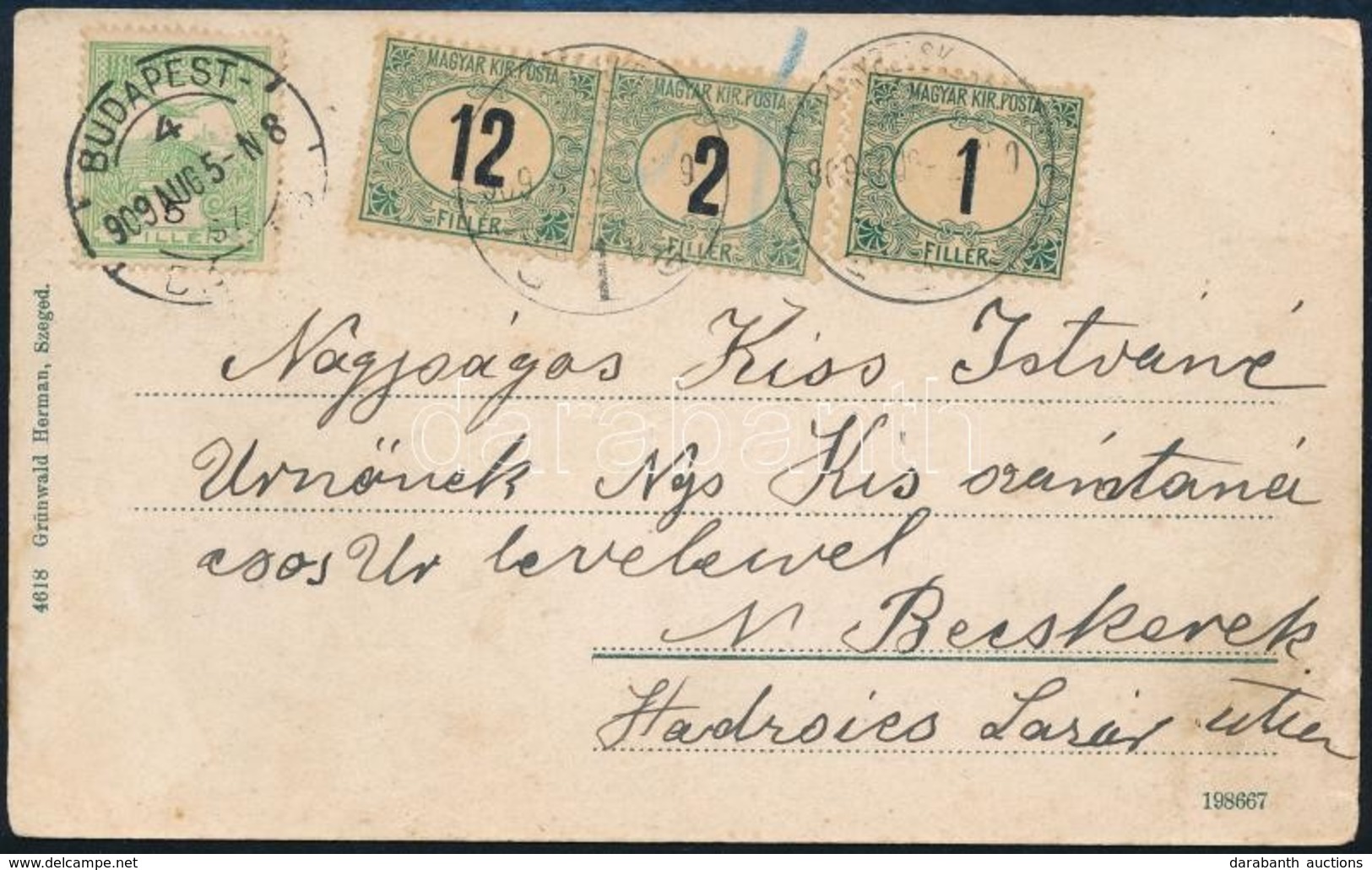 1909 Képeslap 5f Bérmentesítéssel, BUDAPEST - BÁZIÁS Vasúti Bélyegzéssel, 15f Portóval / Postcard With Railway Postmark  - Sonstige & Ohne Zuordnung