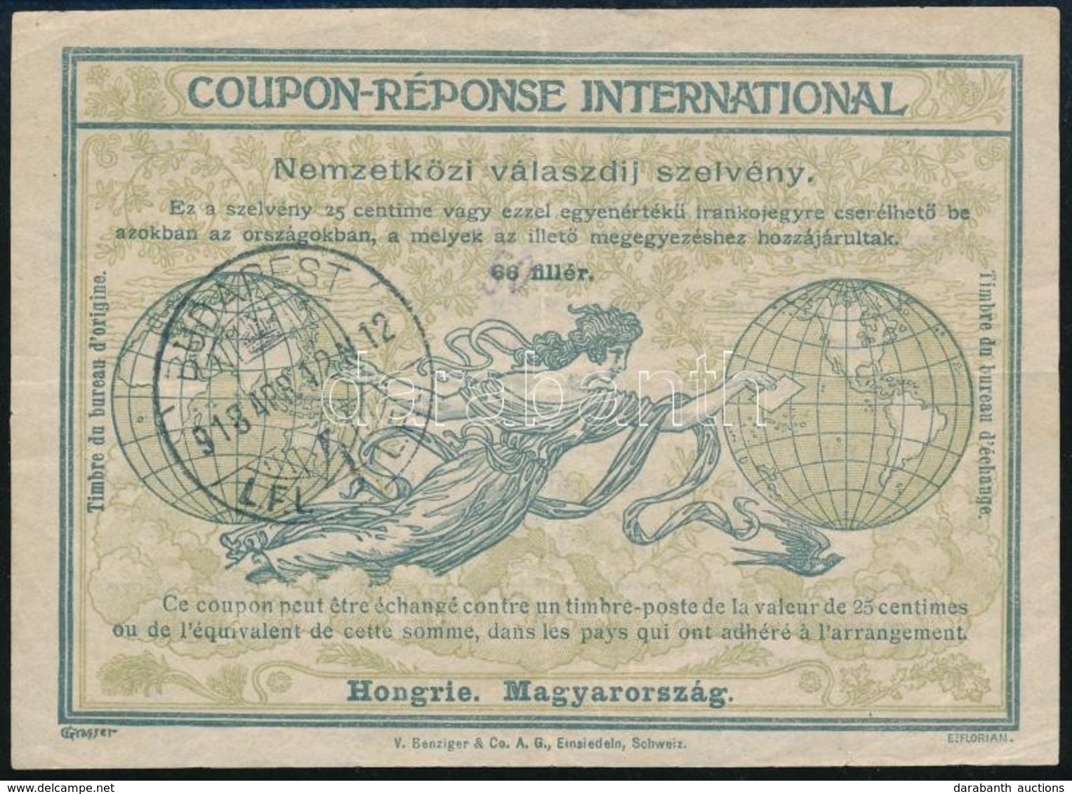 1918 Nemzetközi Válaszdíjszelvény 66f árjelzéssel, átértékelés Nélkül (Katalógusszám 20) / International Reply Coupon - Sonstige & Ohne Zuordnung