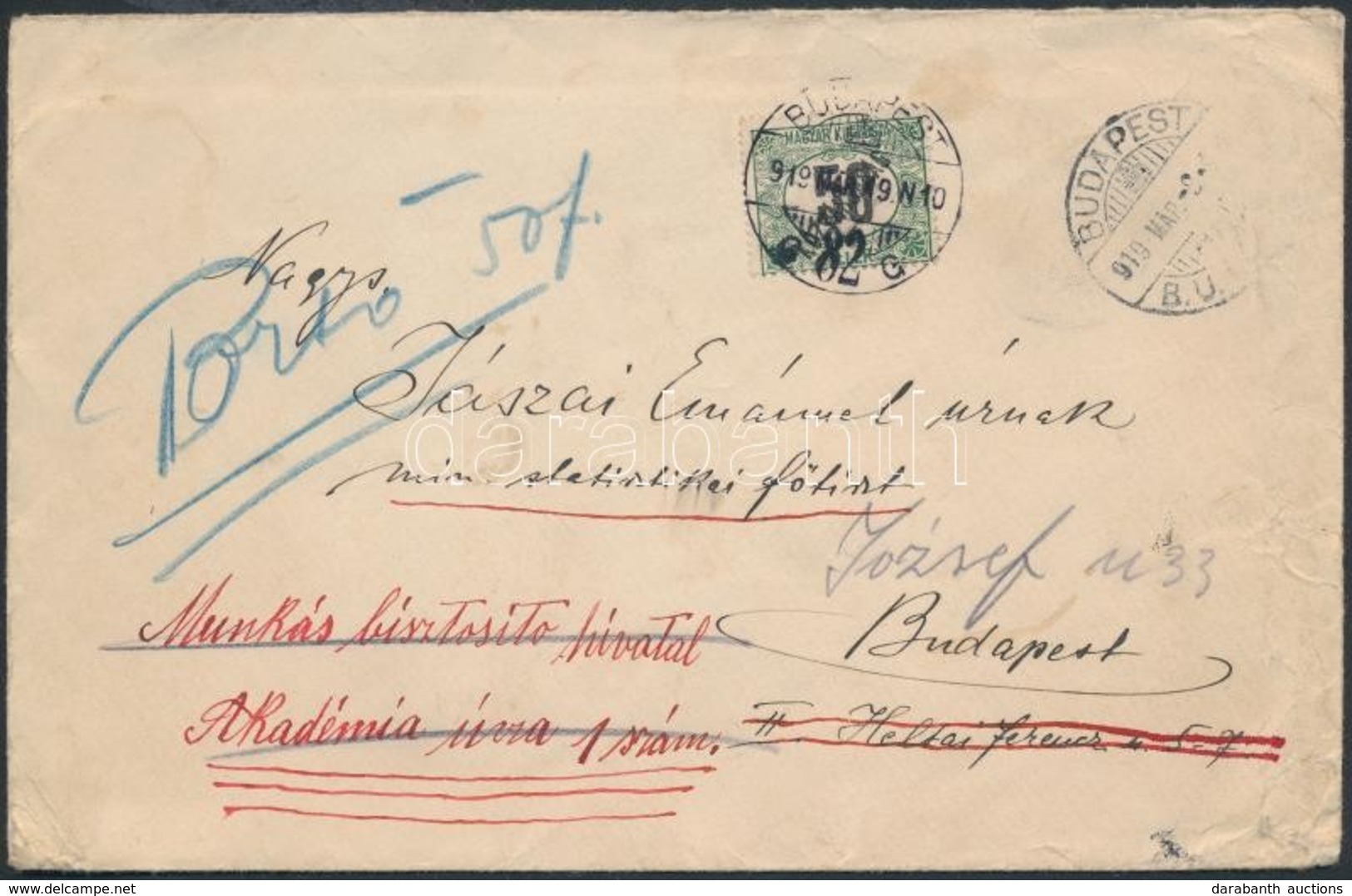 1919 Portós Levél Köztársaság / Portó 50f Bélyeggel / Postage Due Mi 45 On  Cover - Sonstige & Ohne Zuordnung