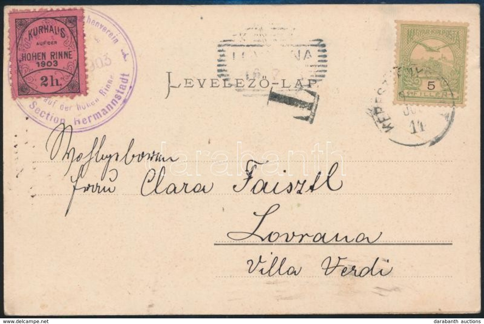 1903 Képeslap Hohe Rinne 2h és Turul 5f Bérmentesítéssel  / Postcard With Hohe Rinne 2h And Turul 5f Franking 'KERESZTÉN - Autres & Non Classés