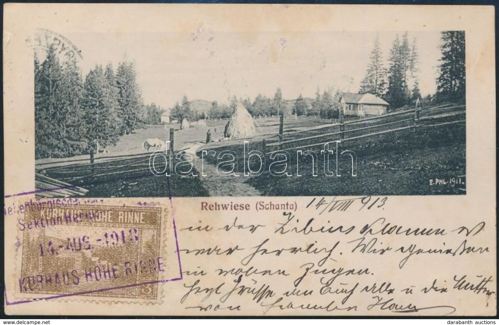 1913 Képeslap Hohe Rinne 3h és Turul 5f Bérmentesítéssel / Postcard Franked With Hohe Rinne + Turul Stamps - Other & Unclassified