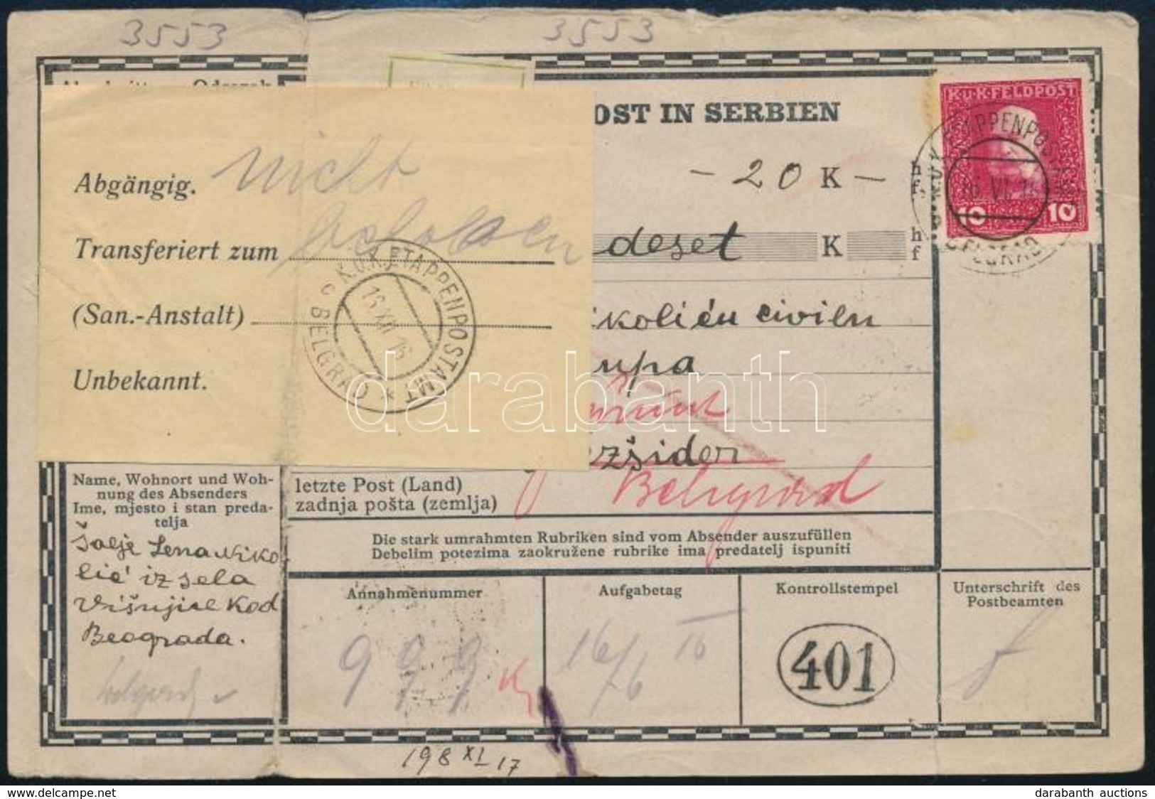 1916 Kuk Feldpost Postautalvány 10h Bélyeggel Belgrádból Nezsiderbe / Money Order With 10h Stamp From Belgrade To Burgen - Autres & Non Classés