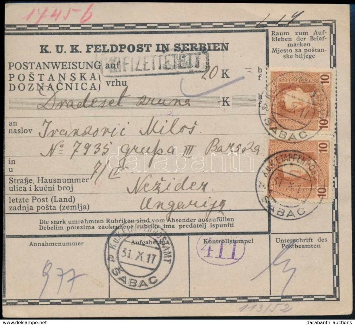 1917 Postautalvány 2 X 10h Bélyeggel / Money Order 'SABAC' - Nezsider (Burgenland) - Autres & Non Classés