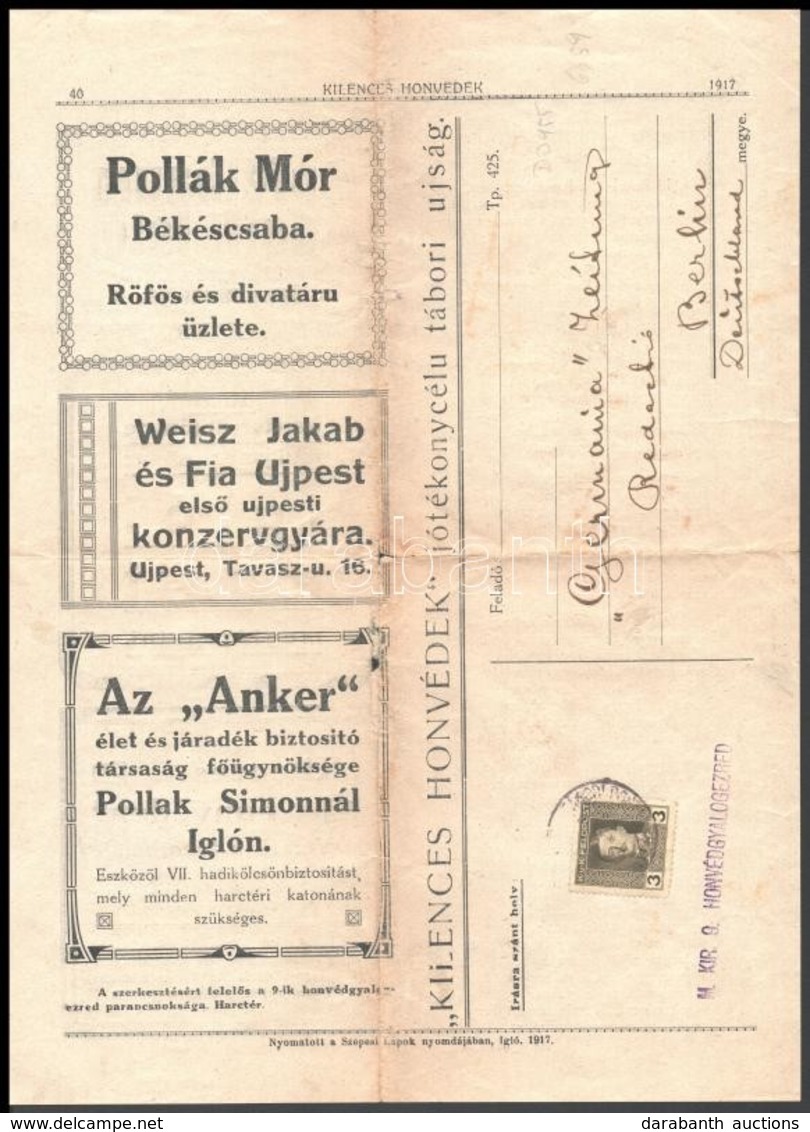 1917 Bérmentesített Tábori újság Berlinbe / Franked Field Newspaper To Berlin - Autres & Non Classés