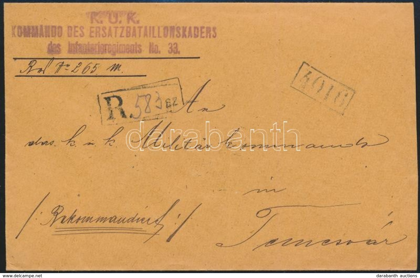 1914 Ajánlott Tábori Levél / Registered Field Post Cover 'K.u.k. Kommando Des Ersatzbataillonskaders Des Infanterieregim - Autres & Non Classés