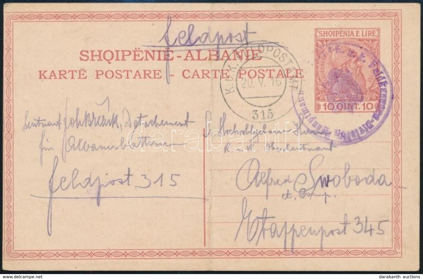 1916 Albániából Küldött Díjjegyes Levelezőlap Tábori Posta Falhasználással / PS-card Sent From Albania Used As Field Pos - Autres & Non Classés