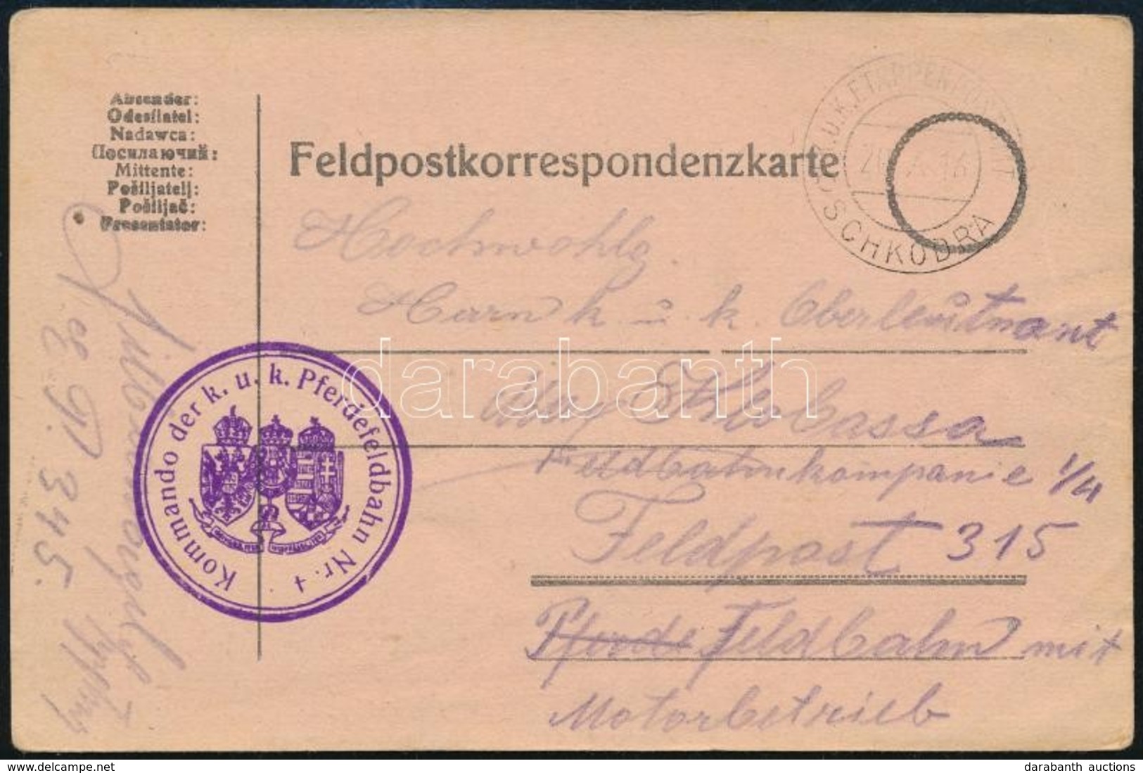 1916 Tábori Posta Levelezőlap / Field Postcard 'Kommando Der K.u.k. Pferdefeldbahn Nr.4.' + 'EP SCHKODRA B' - Autres & Non Classés