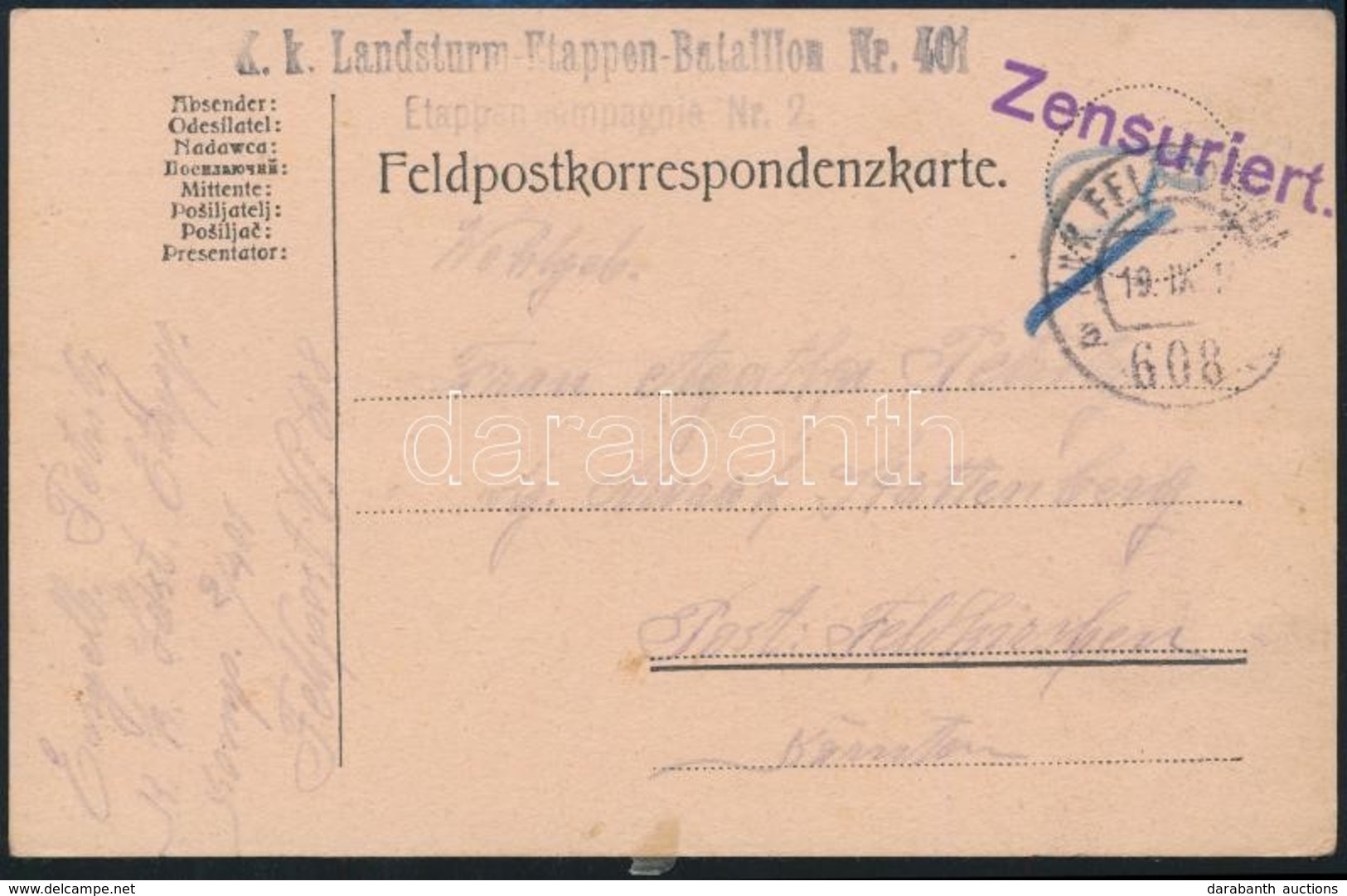 1916 Tábori Posta Levelezőlap / Field Postcard 'K.k. Landsturm-Etappen-Bataillon Nr.401.' + 'FP 608 A' - Autres & Non Classés