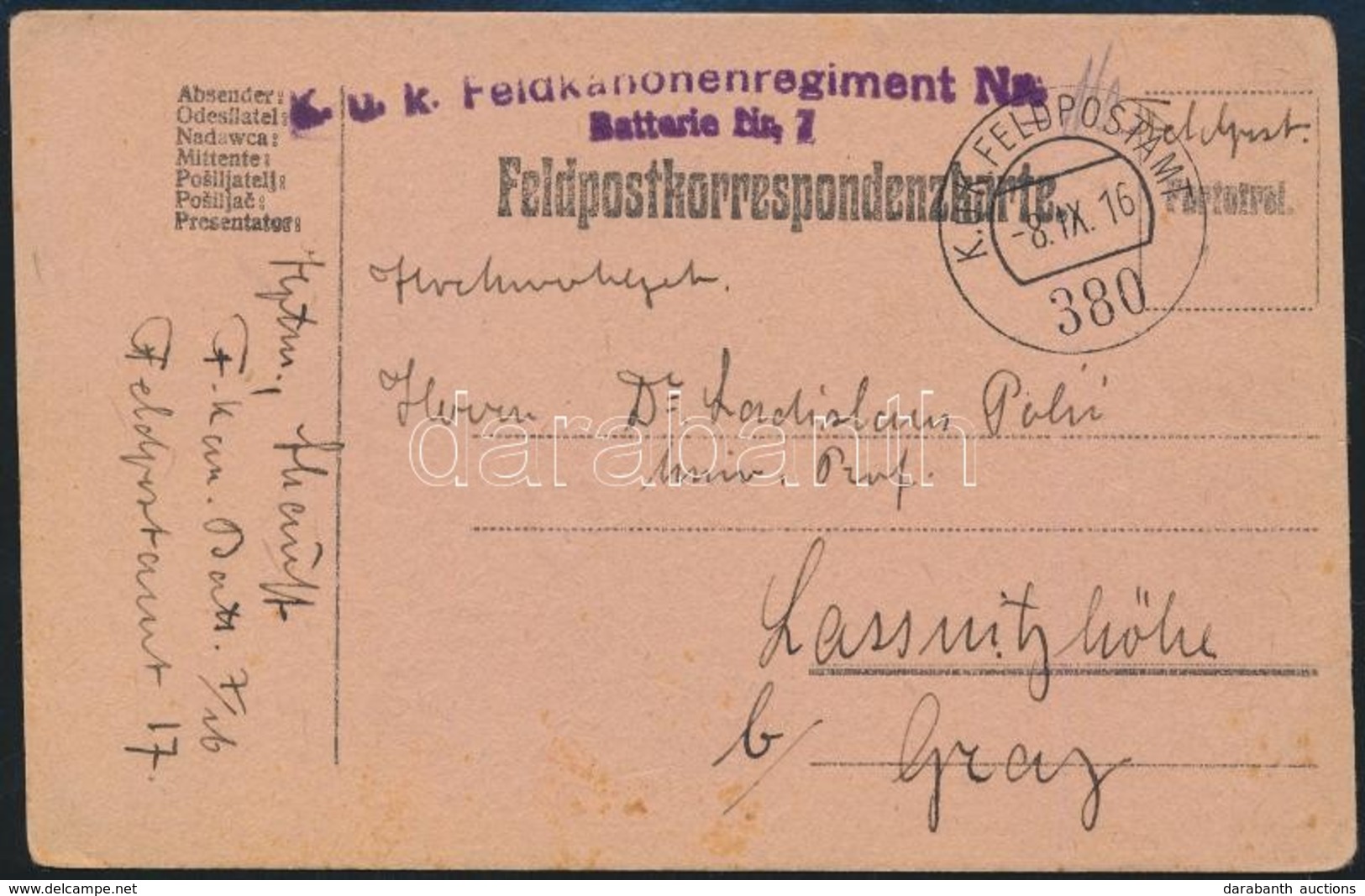 1916 Tábori Posta Levelezőlap / Field Postcard 'K.u.k. Feldkanonregiment Batterie Nr.7.' + 'FP 380' - Andere & Zonder Classificatie