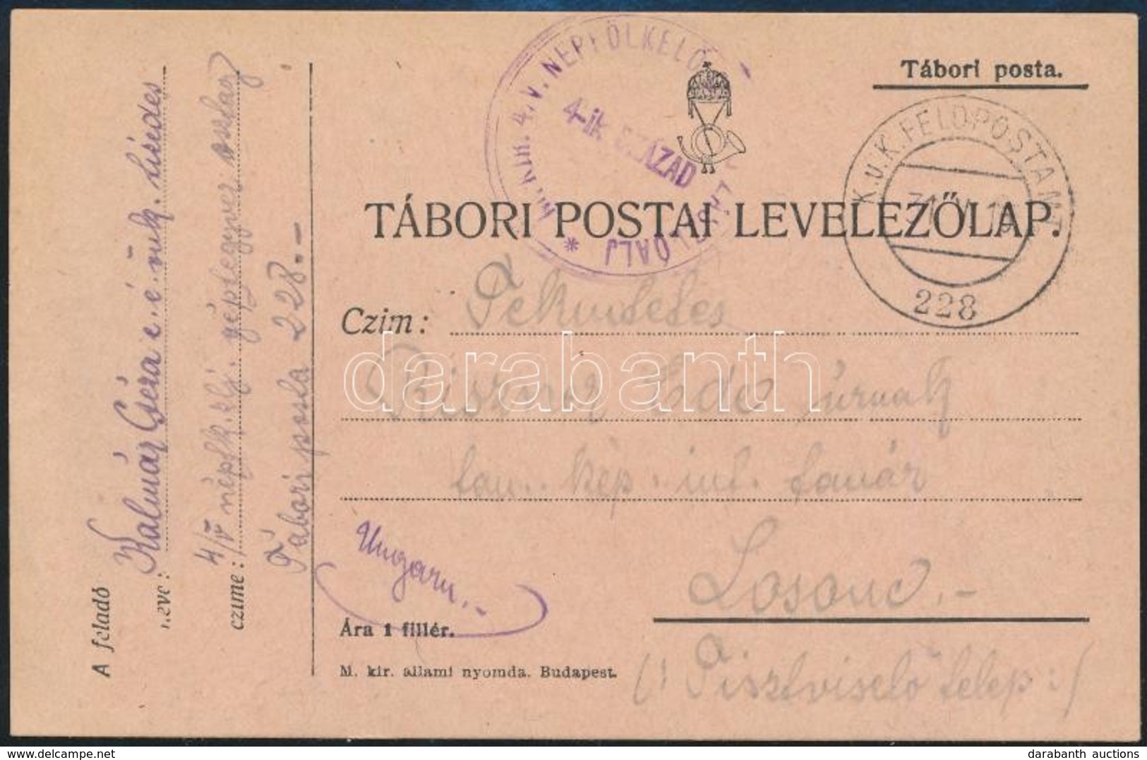 1916 Tábori Posta Levelezőlap / Field Postcard 'M.kir. 4/V NÉPFÖLKELŐ ZÁSZLÓALJ 4-IK SZÁZAD' + 'FP 228' - Autres & Non Classés