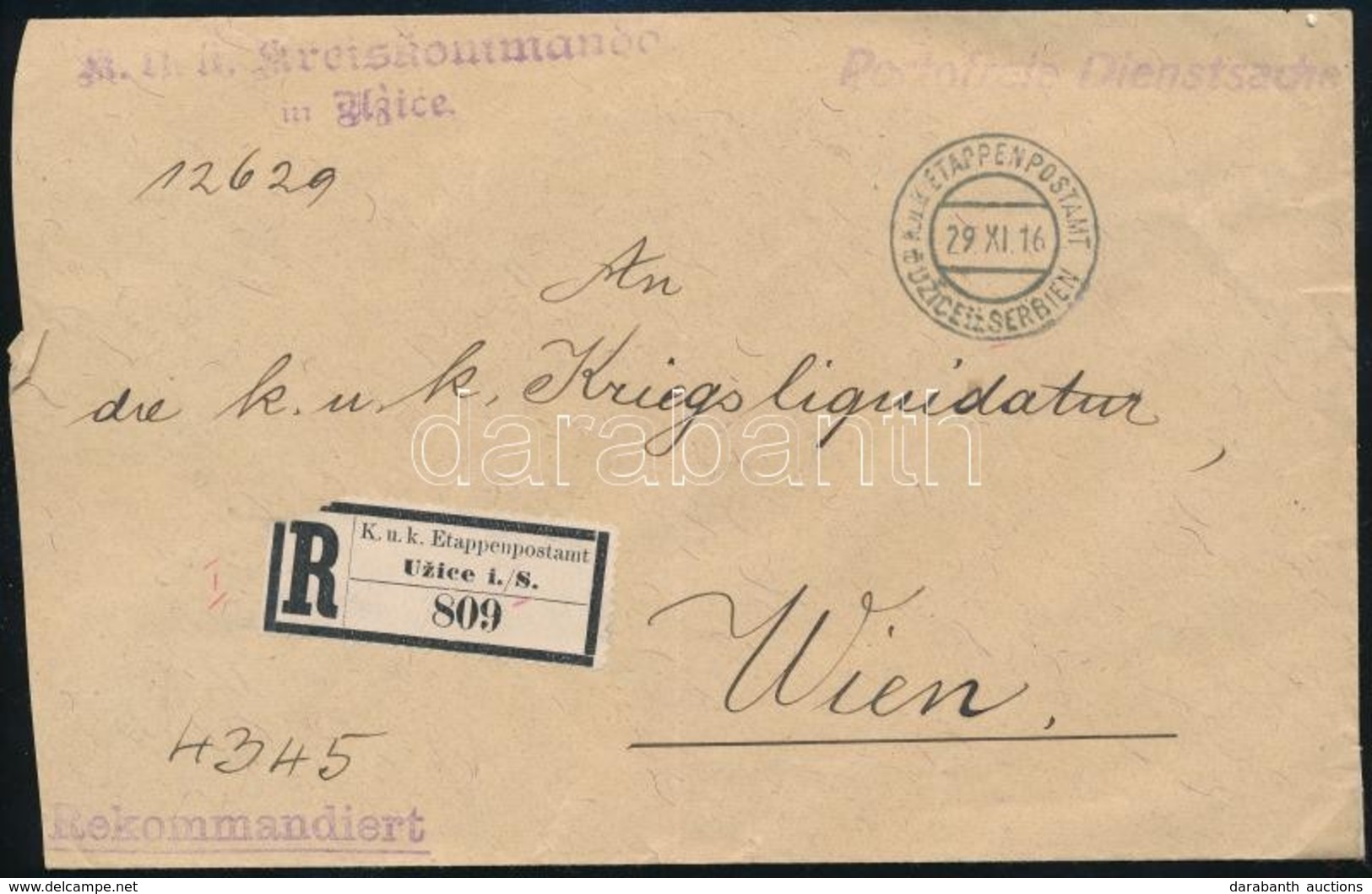 1916 Ajánlott Tábori Posta Levél / Registered Field Post Cover 'K.u.k. Kreiskommando In Uzice' + 'EP UZICE In SERBIEN' - Autres & Non Classés