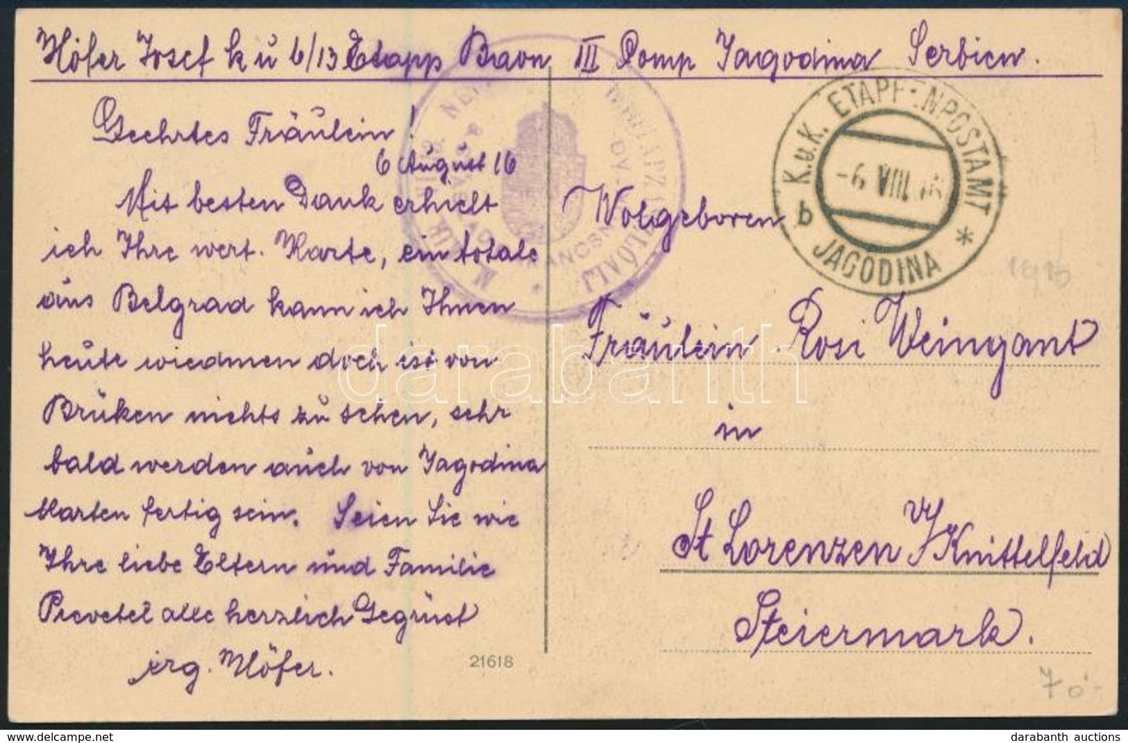 1916 Tábori Posta Képeslap / Field Postcard 'EP JAGODINA B' - Autres & Non Classés