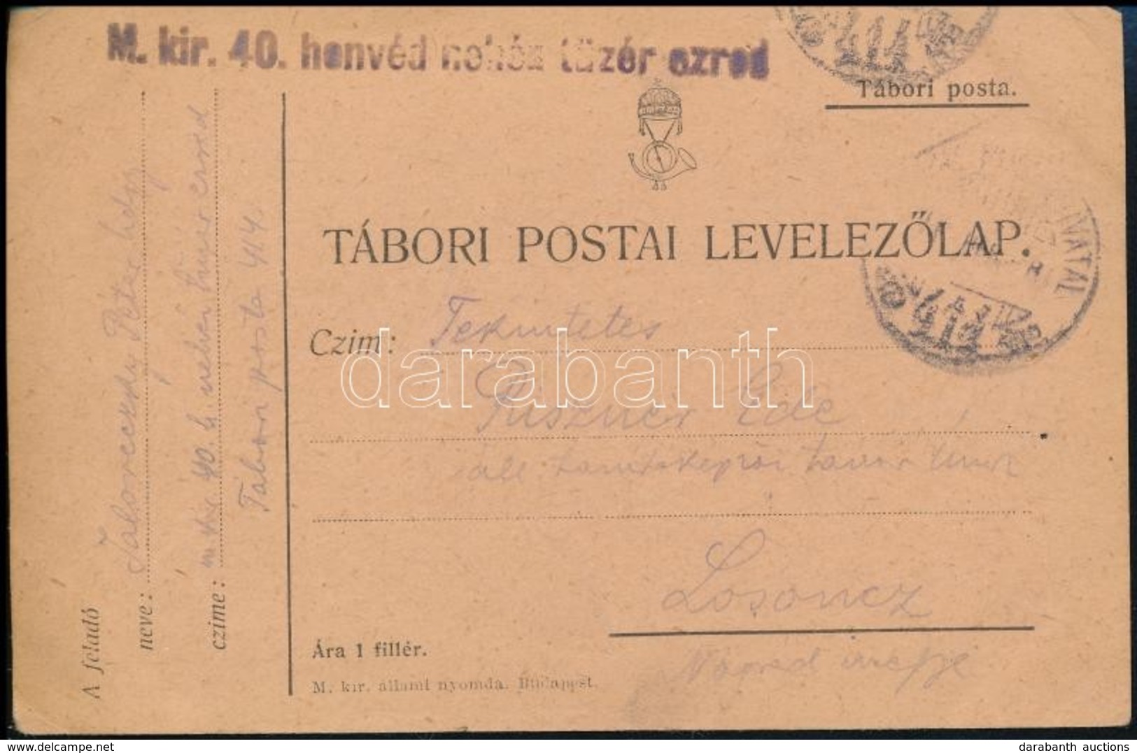 ~1916 Tábori Posta Levelezőlap / Field Postcard 'M.kir. 40. Honvéd Nehéz Tüzér Ezred' + 'TP 414' - Autres & Non Classés