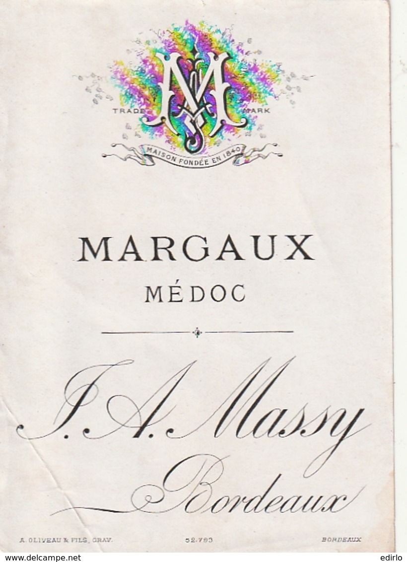 **  étiquette *** MARGAUX    Avant 1900 - Maison  Massy Bordeaux TTB - Bordeaux