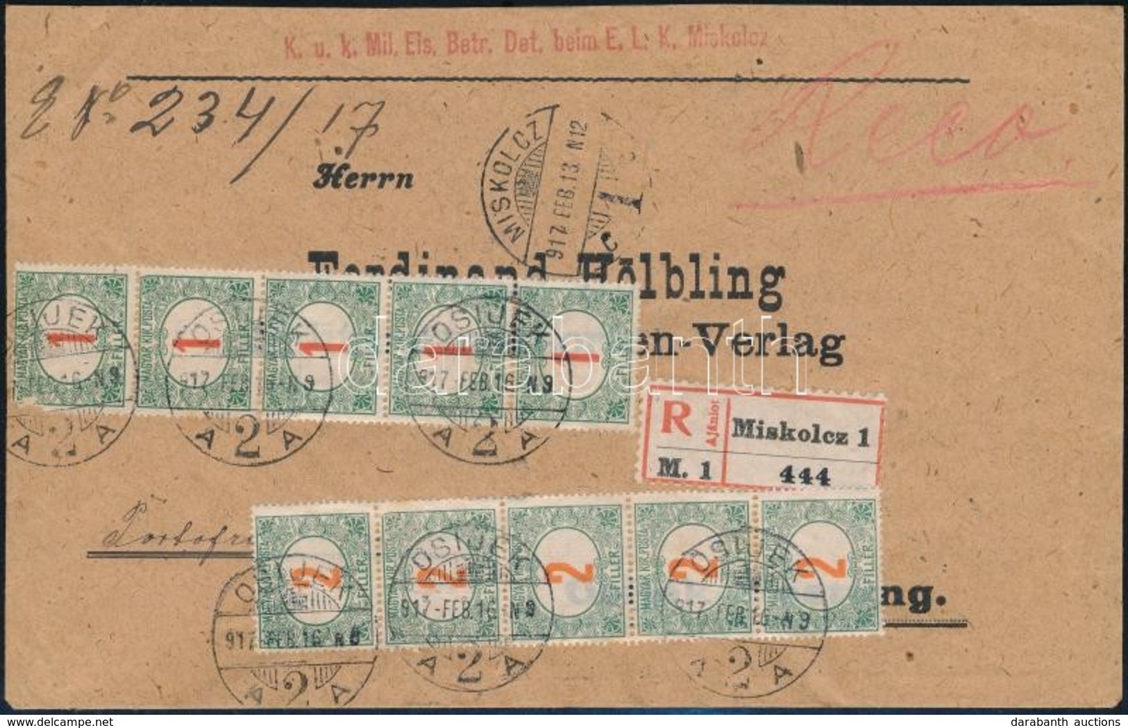 1917 Portmentes Tábori Posta Ajánlott Levél 15f Dekoratív Portóval / Registered Field Post Cover With 15f Postage Due - Autres & Non Classés