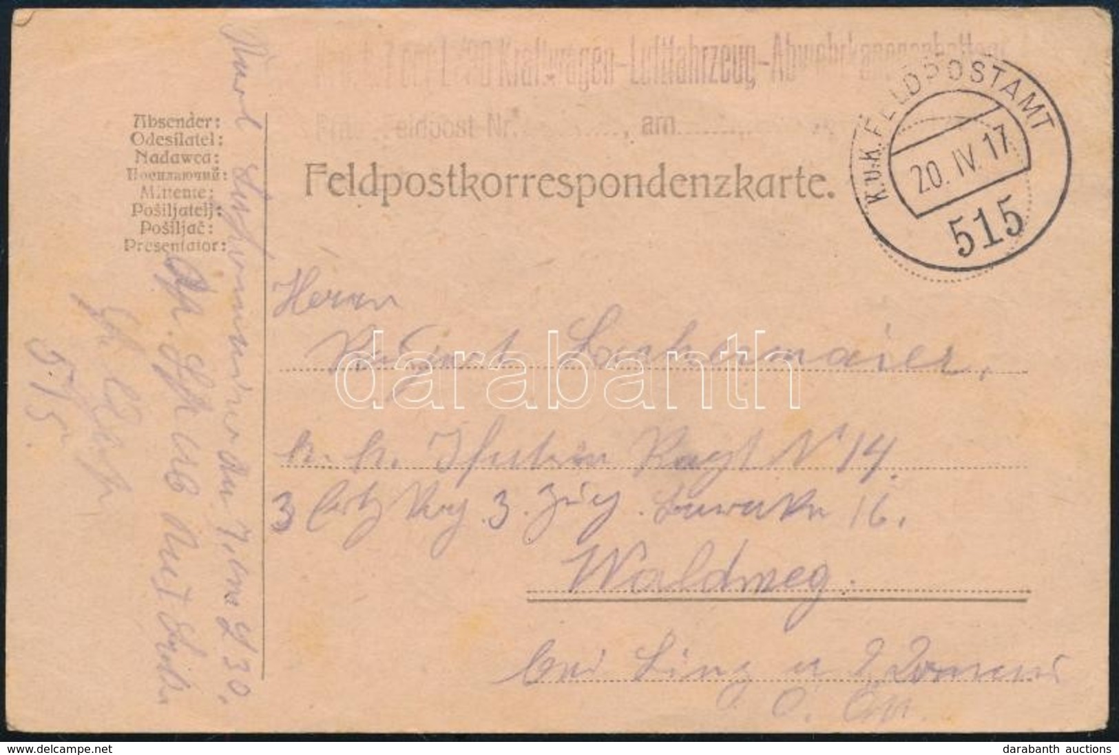 1917 Tábori Posta Levelezőlap / Field Postcard 'K.u.k. 7cm L/30 Kraftwagen - Luftfahrzeug - Abwehrkanonenbatterie' + 'FP - Autres & Non Classés