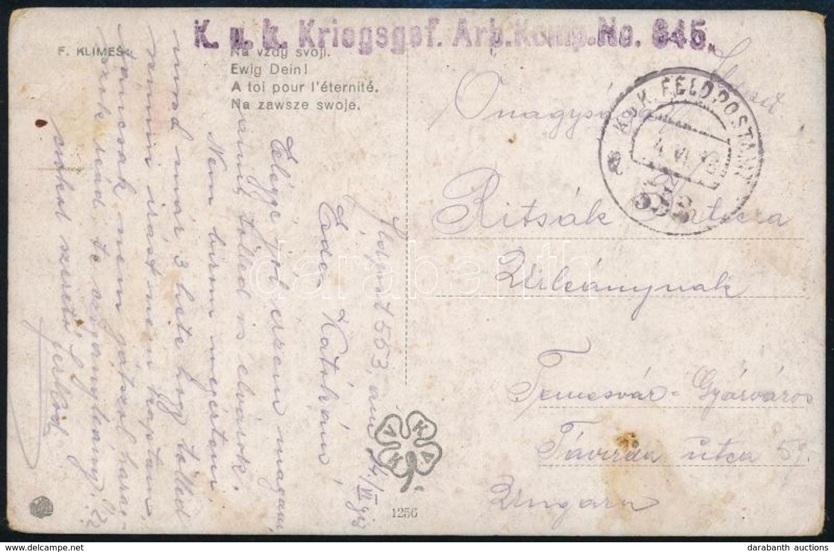 1918 Tábori Képeslap / Field Postcard 'FP 553 A' , 'K.u.K. Kriegsgef. Arb. Komp, No. 845.' - Autres & Non Classés