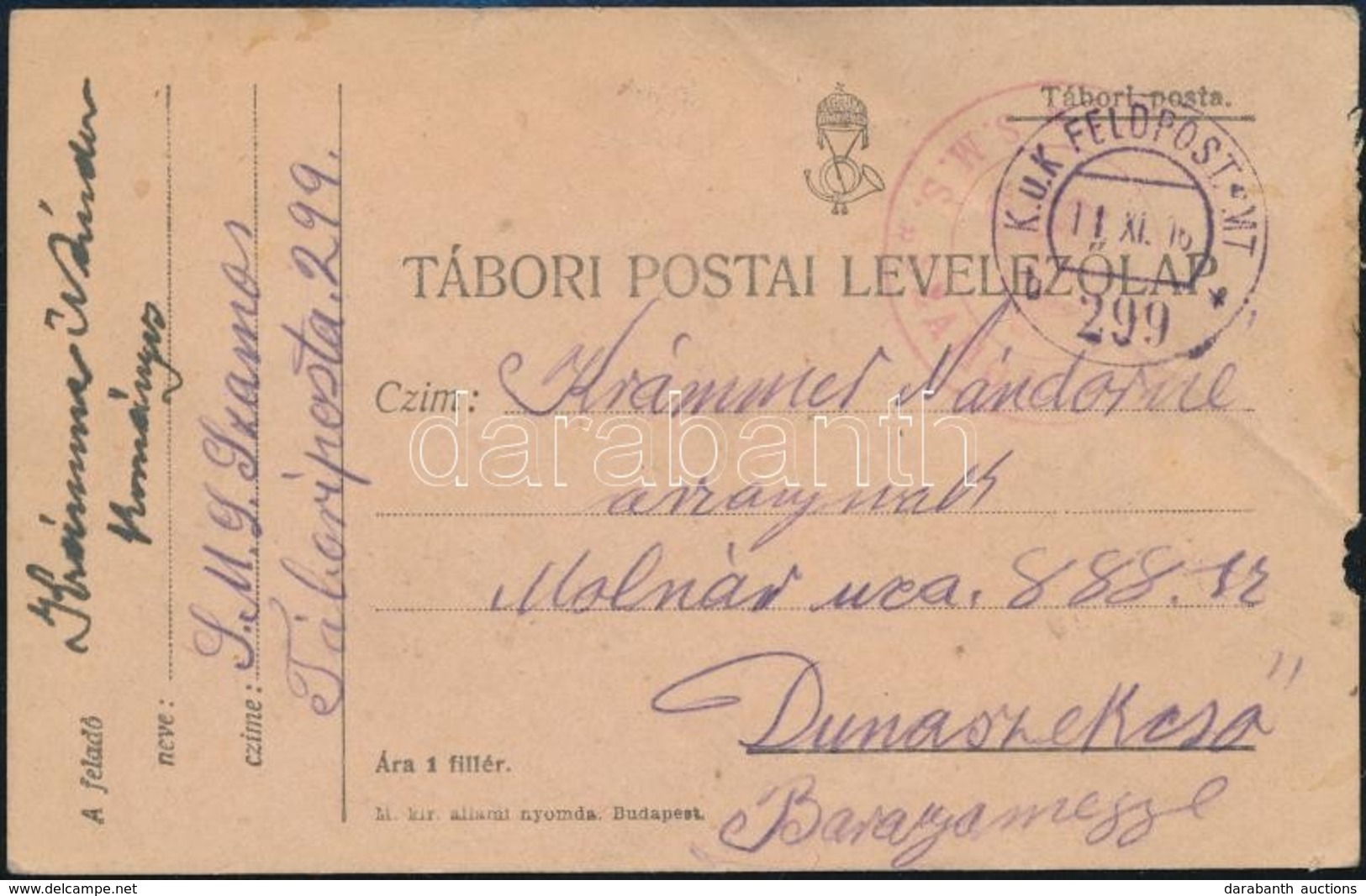 1916 Tábori Posta Levelezőlap / Field Postcard 'S.M.S. SZAMOS' + 'FP 299 B' - Autres & Non Classés