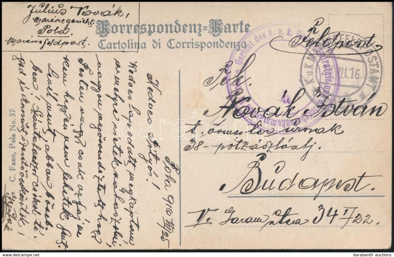 1916 Tábori Posta Képeslap / Field Postcard 'Gericht Des K.u.k. Hafenadmiralats Und Kriegshafenkommandos In Pola' + 'MFP - Autres & Non Classés