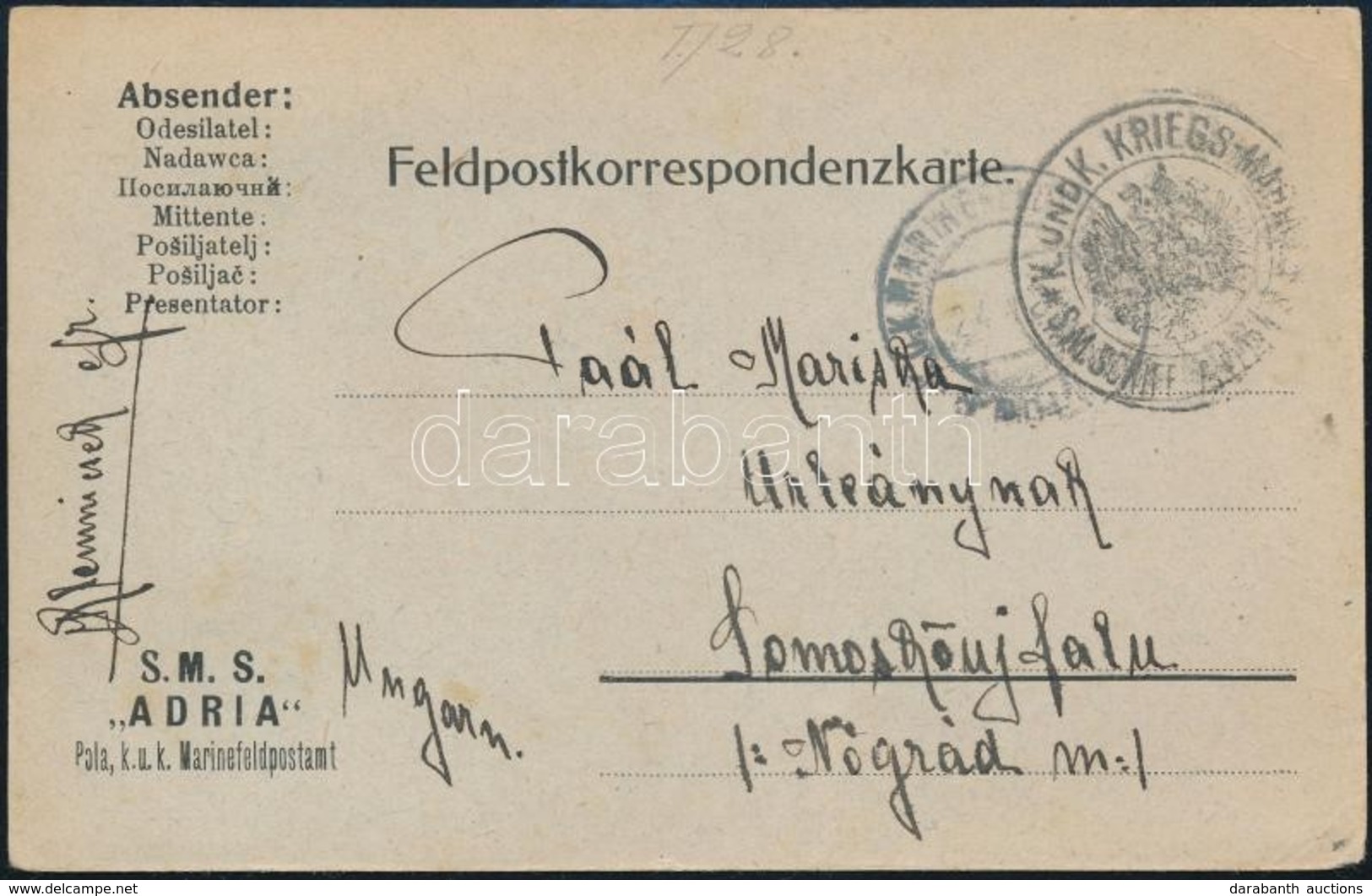 1916 Tábori Posta Képeslap / Field Postcard 'K. Und K. KRIEGS MARINE S.M. SCHIFF ADRIA' - Autres & Non Classés