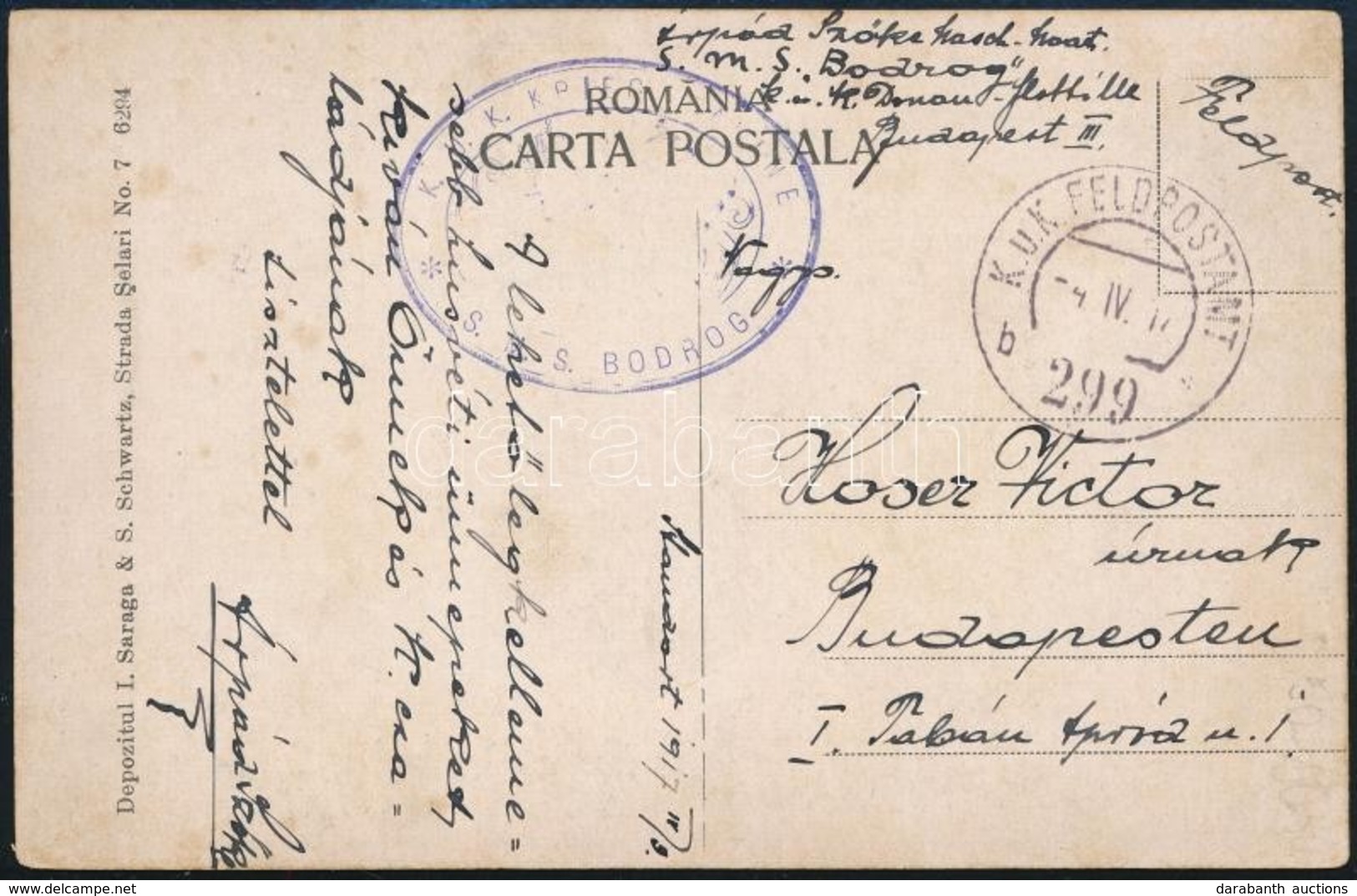 1917 Tábori Posta Képeslap A Dunai Flottilla Monitorjáról / Field Postcard 'S.M.S. BODROG' + 'FP 299 B' - Autres & Non Classés