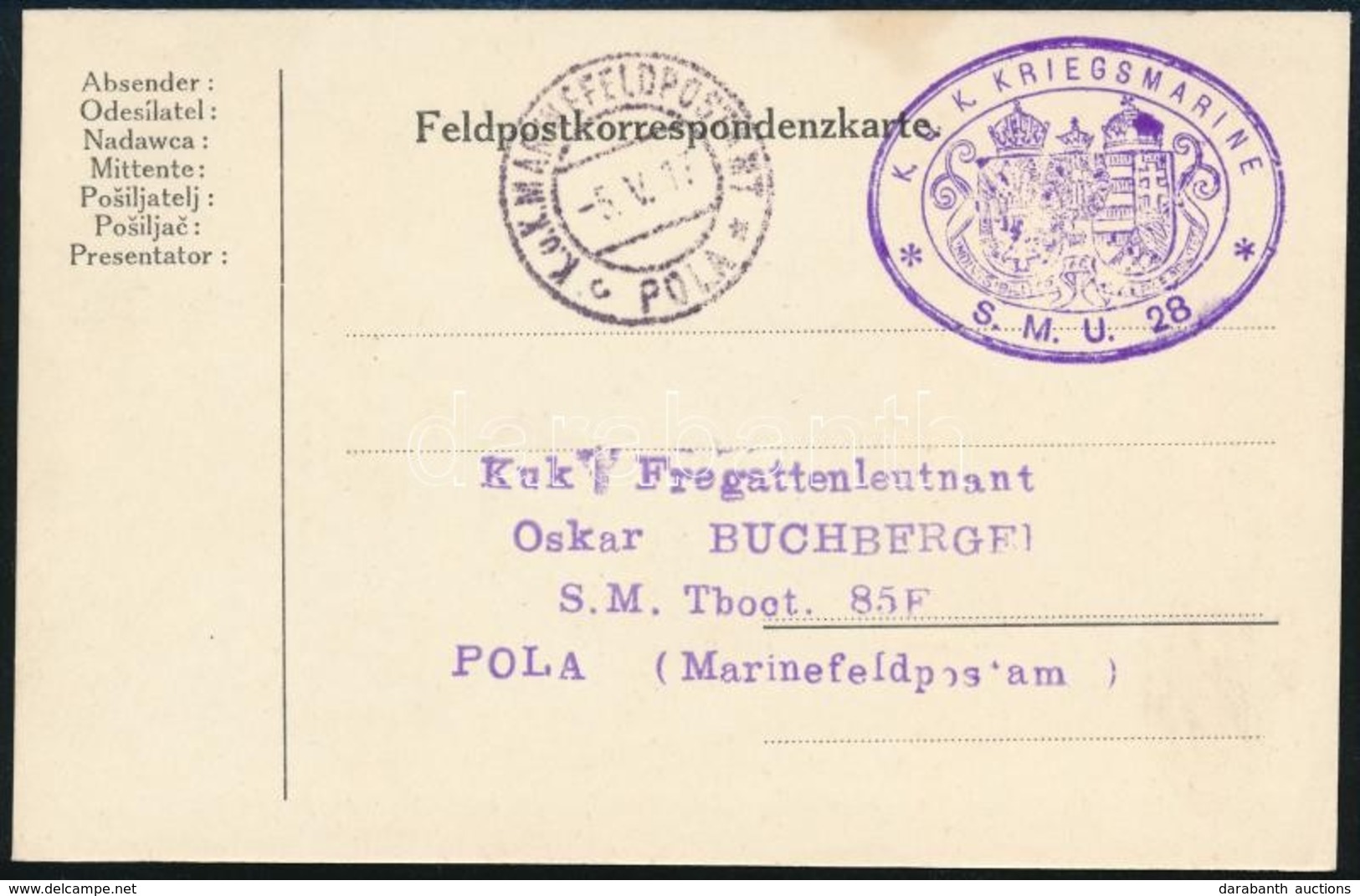 1917 Tábori Lap / Field Postcard 'K.U.K. KRIEGSMARINE S. M. U. 28' - Otros & Sin Clasificación