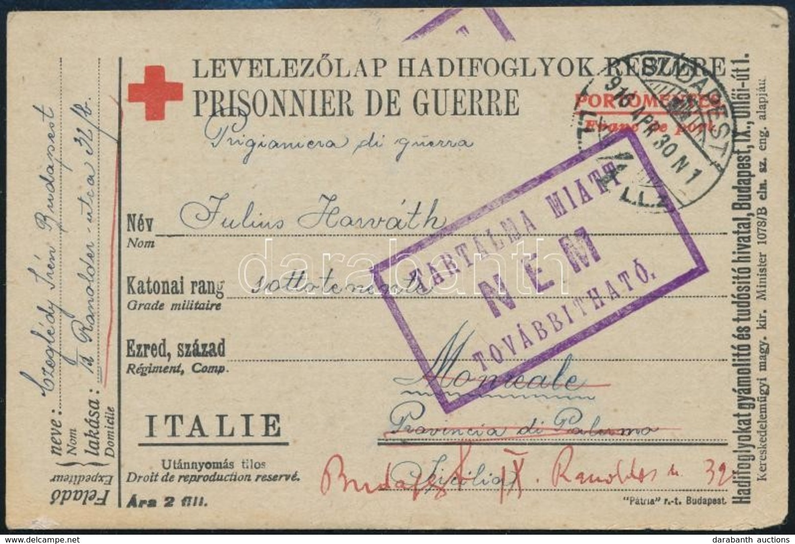 1916 Olasz Hadifogolytáborba Címzett Levelezőlap 'Tartalma Miatt Nem Továbbítható' / Postcard To Italian POW Camp, Retur - Andere & Zonder Classificatie