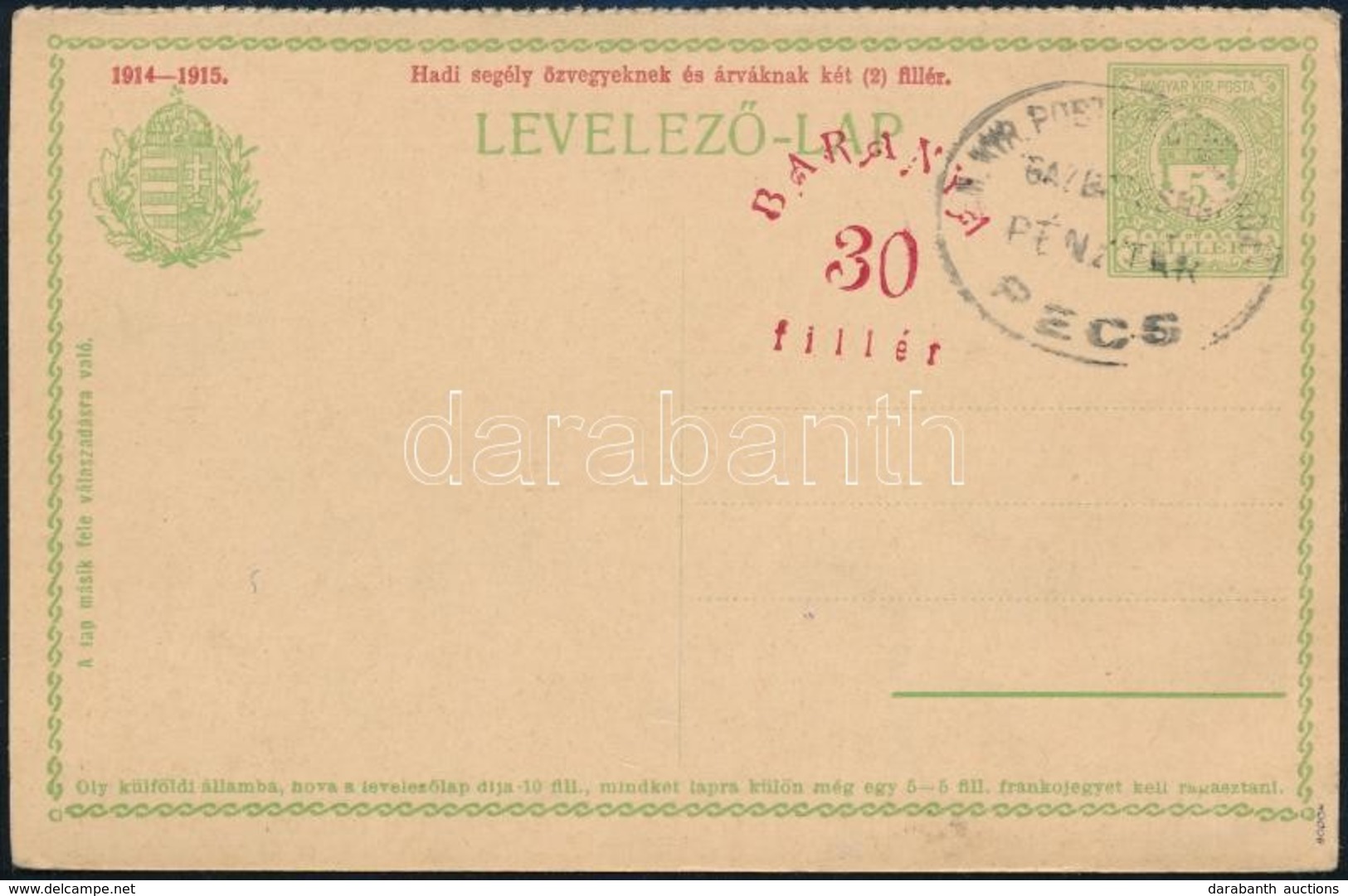 1919 Baranya 30f/5f Használatlan Díjjegyes Válaszlapja / PS-reply Card. Signed: Bodor - Autres & Non Classés