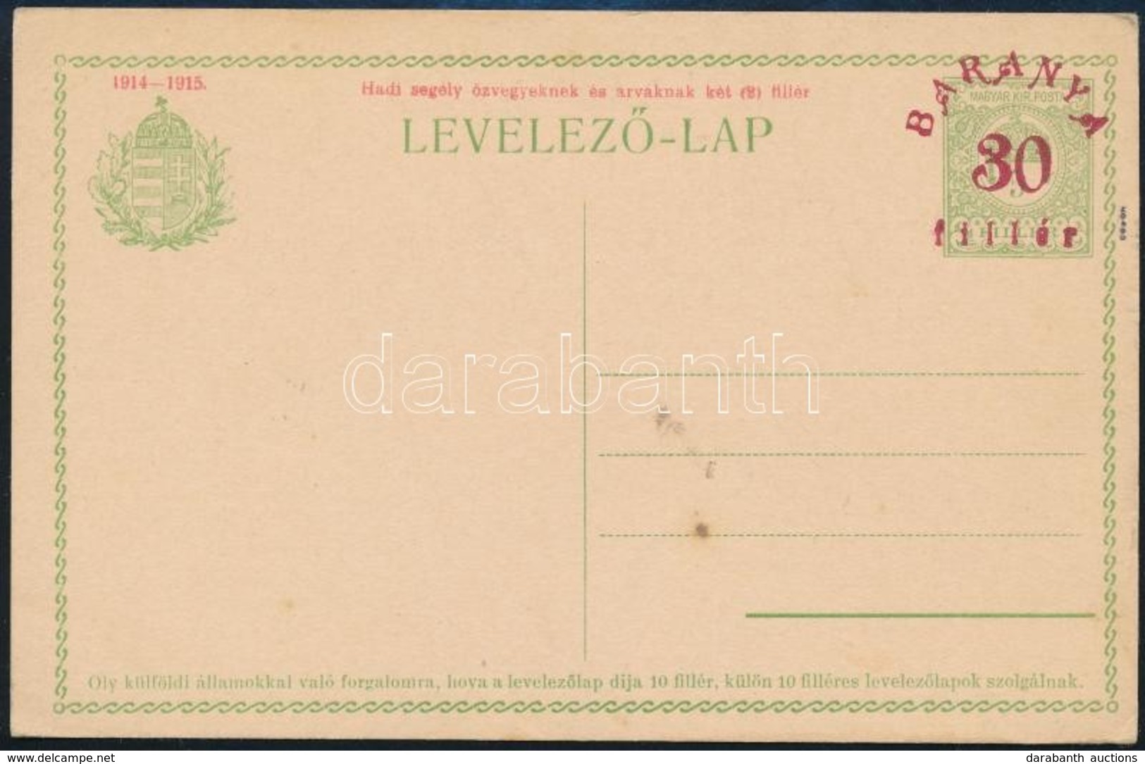 1919 Baranya 30f Felülnyomású Díjjegyes Levelezőlap, Használatlan / Unused 30f/5f PS-card. Signed: Bodor - Sonstige & Ohne Zuordnung