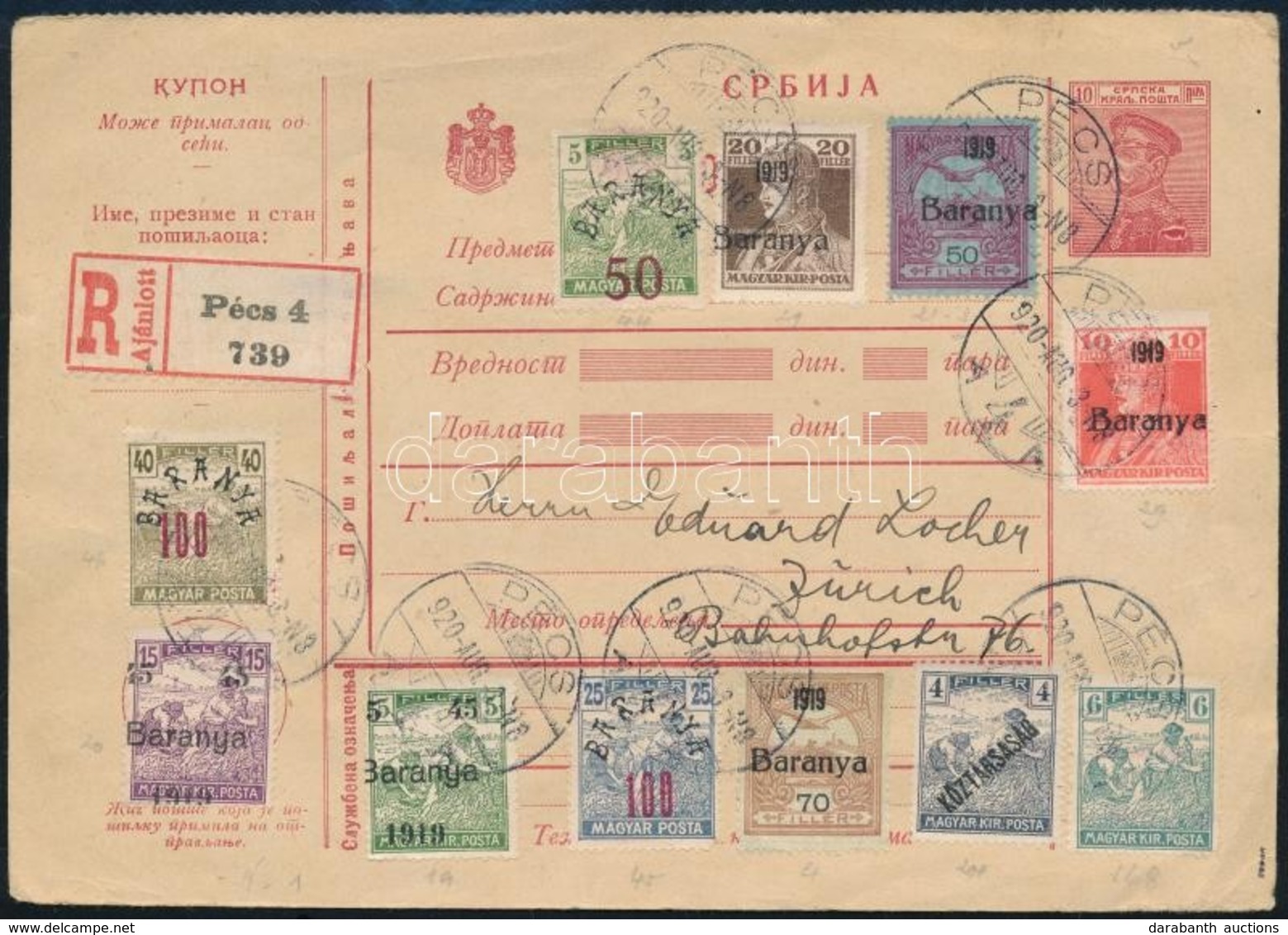 1920 Szerb Postautalvány Javarészt Baranya Bélyegekkel  Ajánlott Küldeményként Pécsről Svájcba / Serbian PS-money Order  - Autres & Non Classés